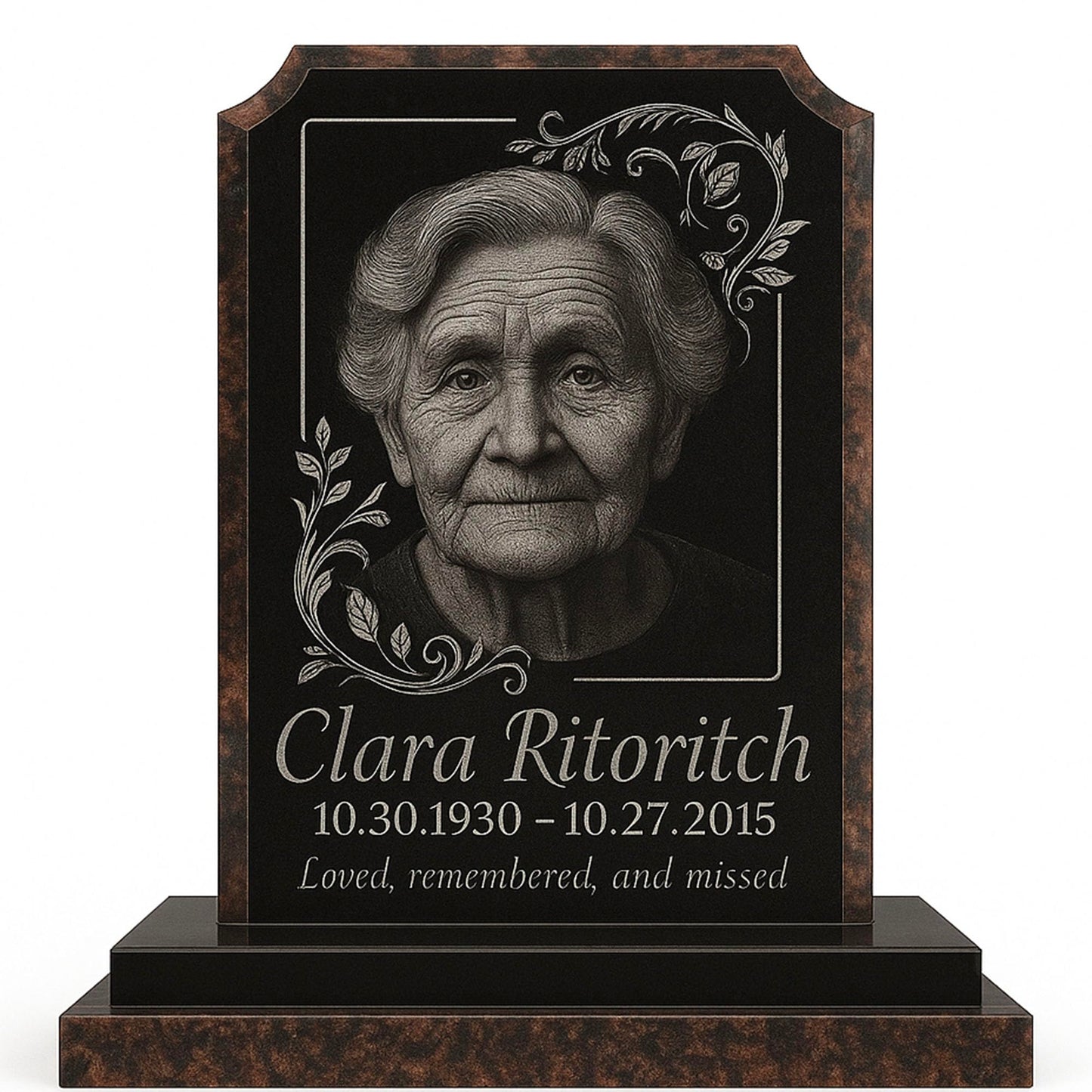 Granite Headstone for Cemetery – Upright Black Memorial Monument with Base – Classic Polished Religious Grave Marker – Custom Engraving, Durable Outdoor Use, 19" Vertical Plaque (Brown)