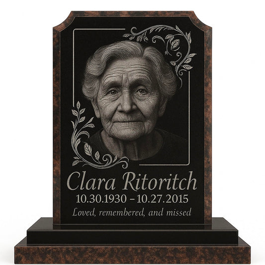 Granite Headstone for Cemetery – Upright Black Memorial Monument with Base – Classic Polished Religious Grave Marker – Custom Engraving, Durable Outdoor Use, 19" Vertical Plaque (Brown)