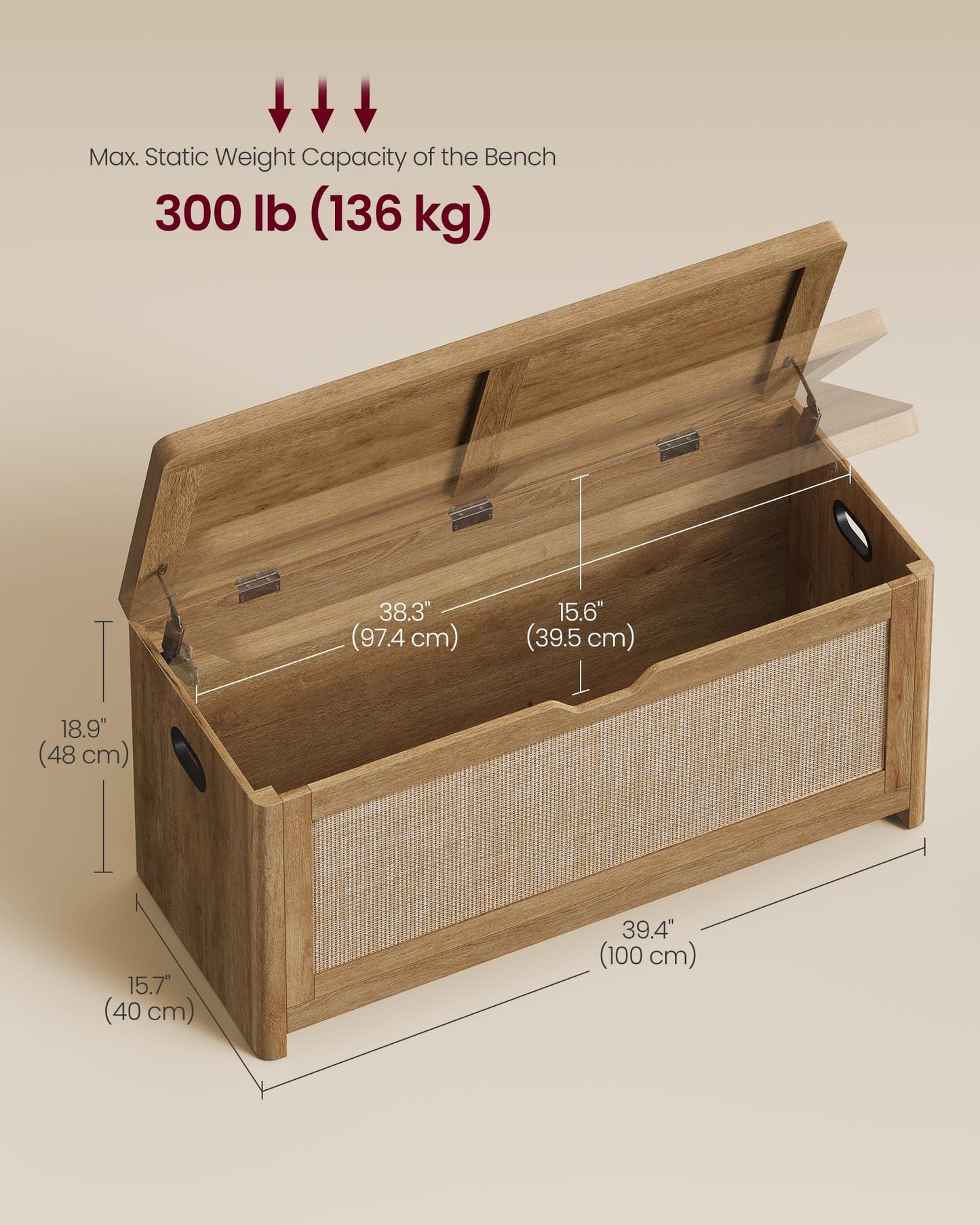 VASAGLE Boho Storage Bench with Rattan Look, Rounded Corners