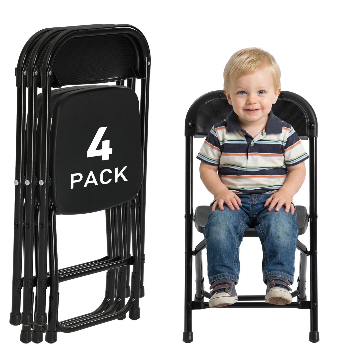 LING RONG 4 Pack Kids Black Plastic Folding Chair with Metal Frame for Toddler&Children, Lightweight and Stackable Foldable Seats for Indoor, Outdoor, Classrooms, Desks, Parties, Events