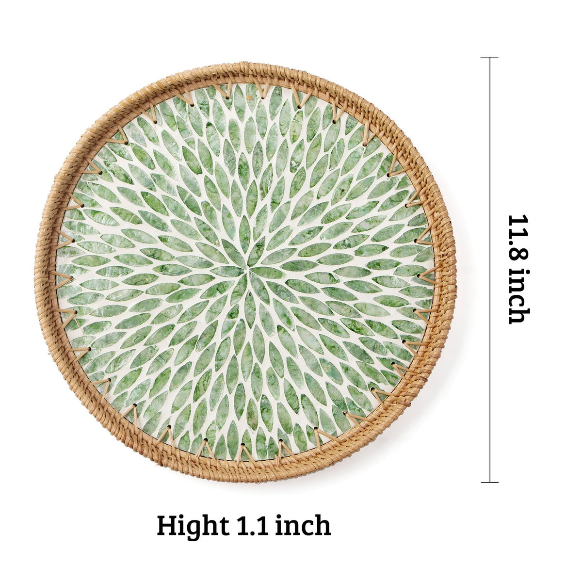 Aayoruro Round Rattan Tray with Mother of Pearl Inlay, Wooden Base