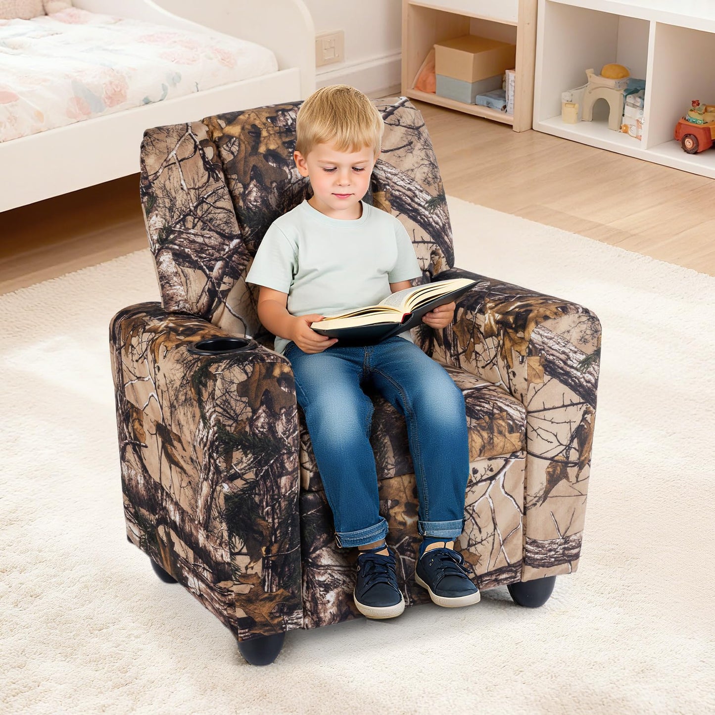 Costzon Kids Recliner Chair with Cup Holder, Toddler Adjustable Lounge Chair w/Footrest for Boys Girls Room, Ergonomic Baby Child Furniture Sofa for Age 3+ Gifts, Kids Mini Recliner up to 150 lbs