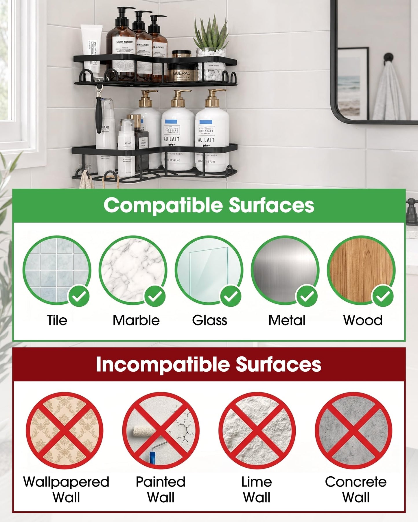 Sakugi Corner Shower Caddy - 2 Pack, Adhesive Shower Organizers, Rustproof Stainless Steel Shower Shelves with 8 Hooks, No Drilling Bathroom Organizers and Storage Racks, Space-Saving, Black, Medium