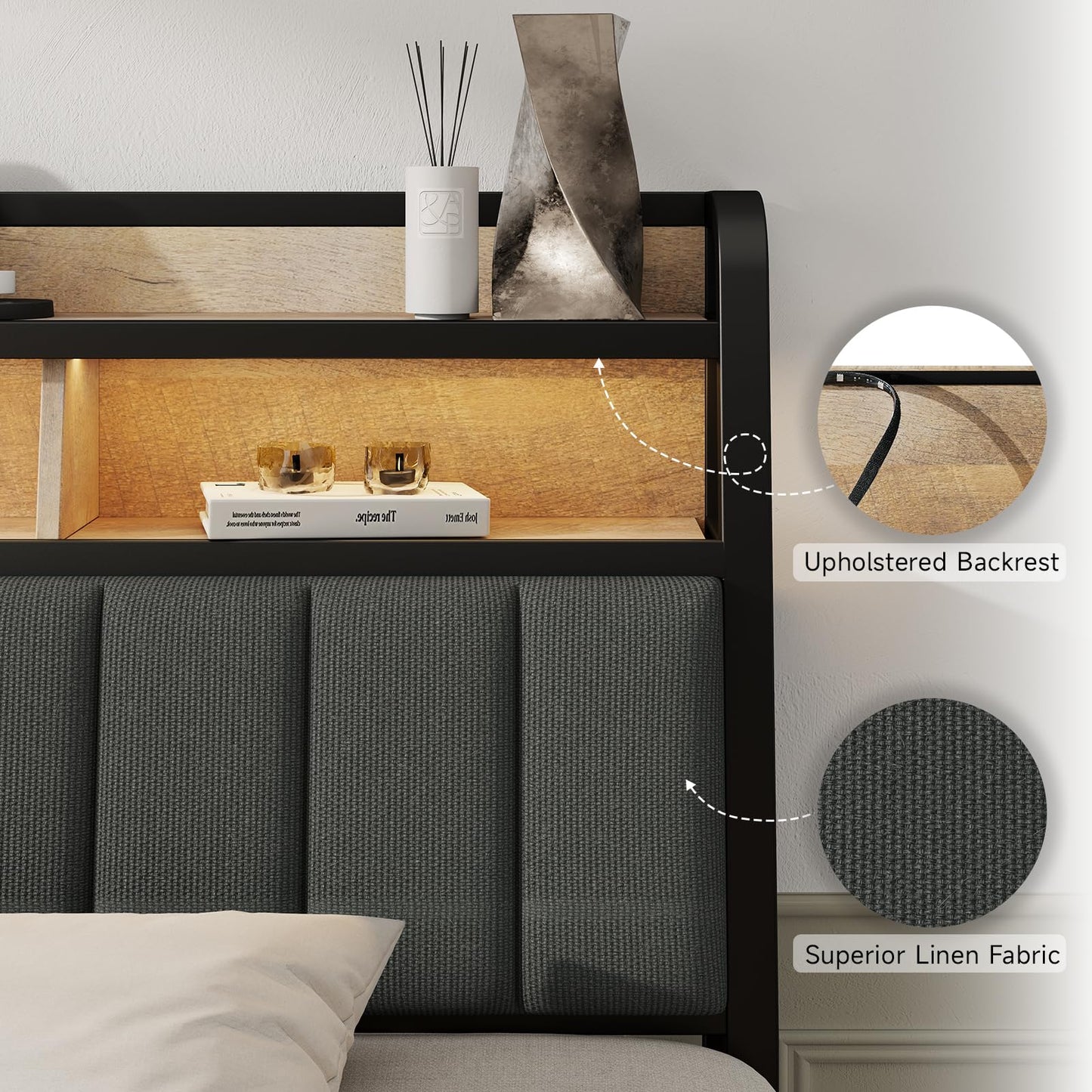Lefurture Queen Headboard Only with Storage, Upholstered Headboards for Queen Size Bed with LED Light, Charging Station, Height Adjustable, Sturdy and Stable Headboard, Black & Brown