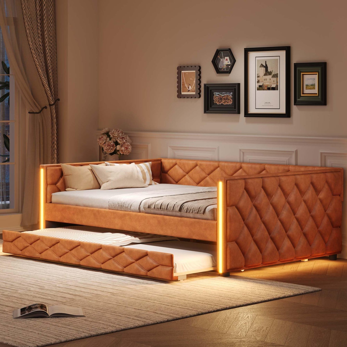 SRJunidexor Full XL Upholstered Daybed with Trundle and LED Armrests, Faux Leather Sofa Bed with Pull Out Guest Bed, Modern Platform Daybed for Living Room, Dorm, Small Spaces (Brown)