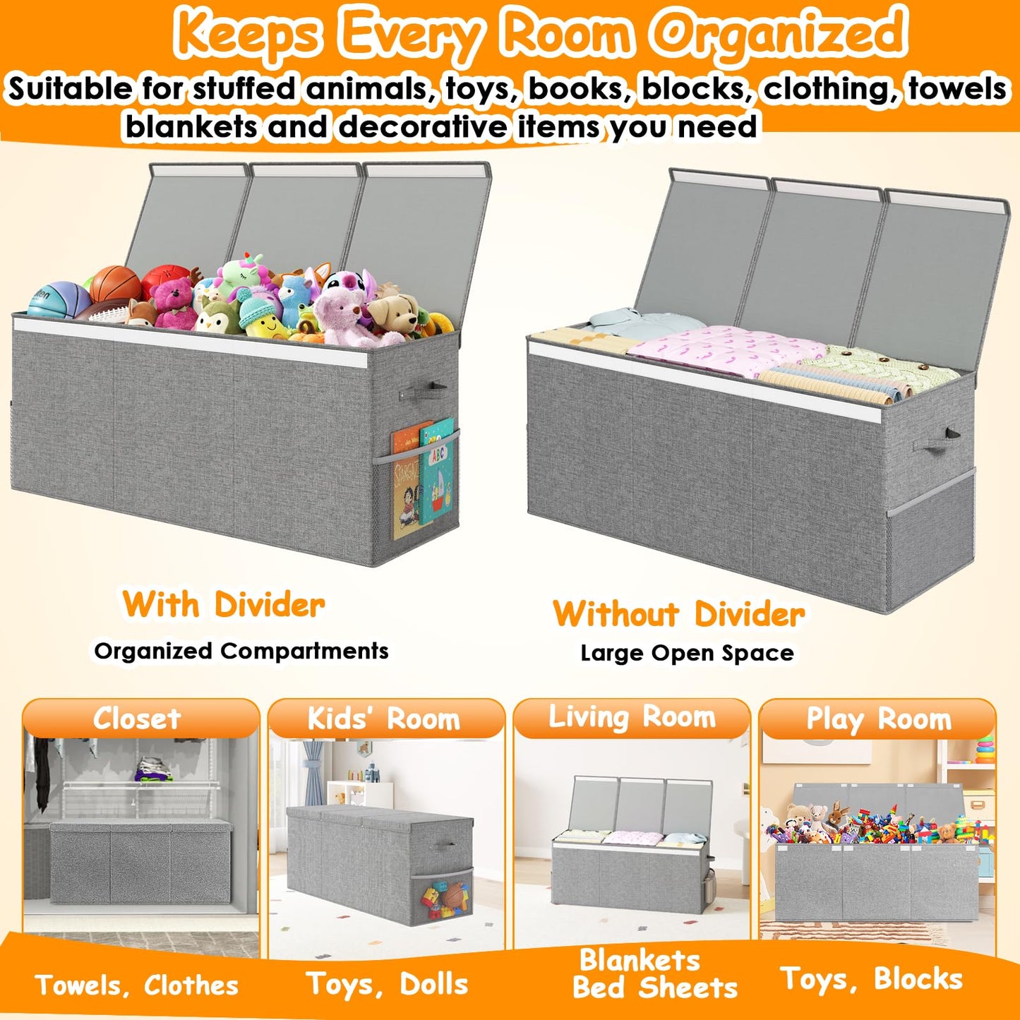 Fineonly Extra Large Toy Box Chest with Lid, Kids Toy Storage Organizer for Boys Girls, Big Toy Bin Basket Extra Large Toy Storage Box for Living Room Playroom Nursery (40" x14" x16")