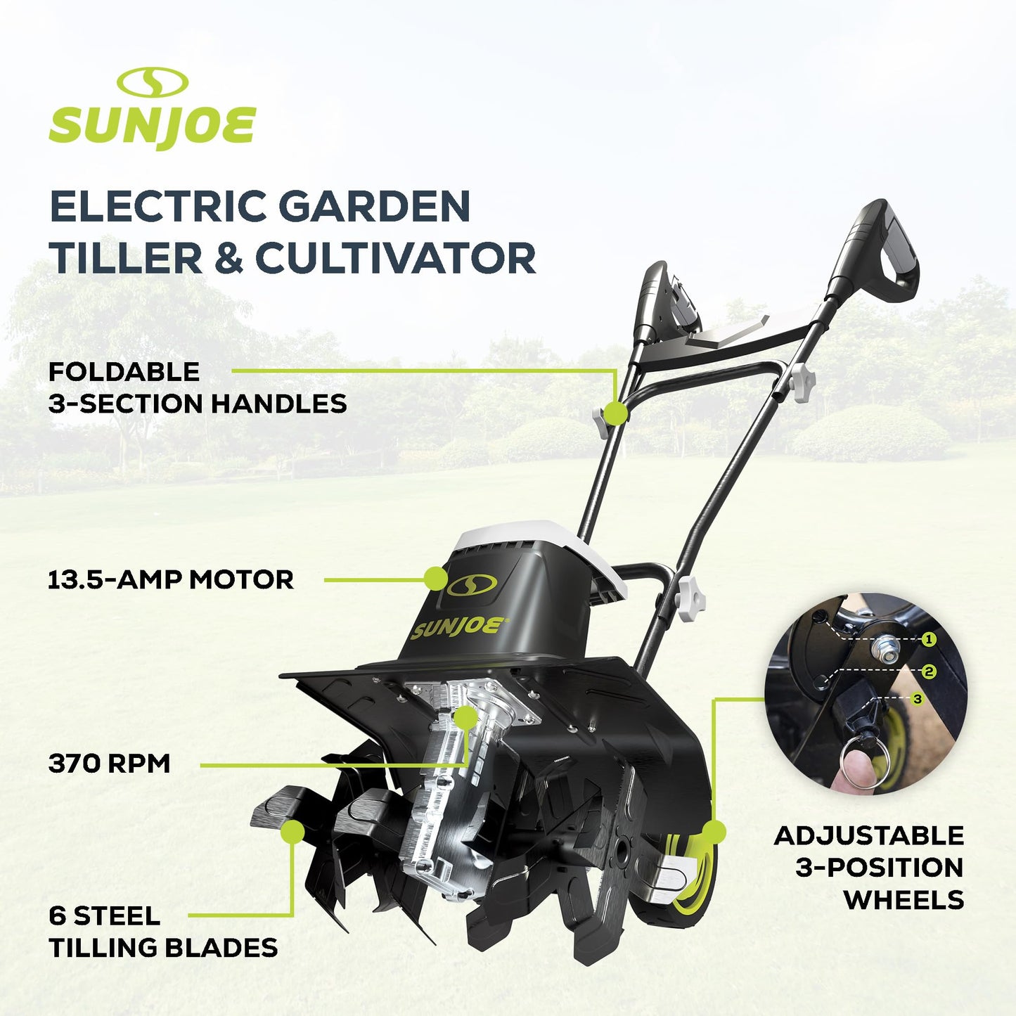 Sun Joe Corded Electric Garden Tiller & Cultivator with Steel Tines, 16", 13.5-Amp Motor - Heavy-Duty Tilling Machine for Lawn, Yard, and Gardening Care, TJ604E