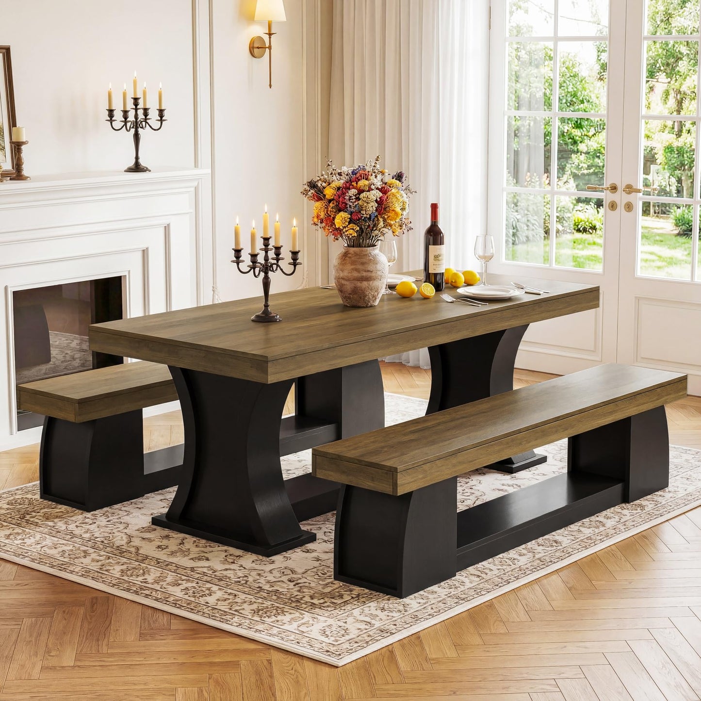 Tribesigns 63 Inch Dining Bench, Farmhouse Long Kitchen Table Bench with Sturdy Frame, Wooden Indoor Kitchen Dining Seat for Dining Room, Living Room, Restaurant, Brown & Black