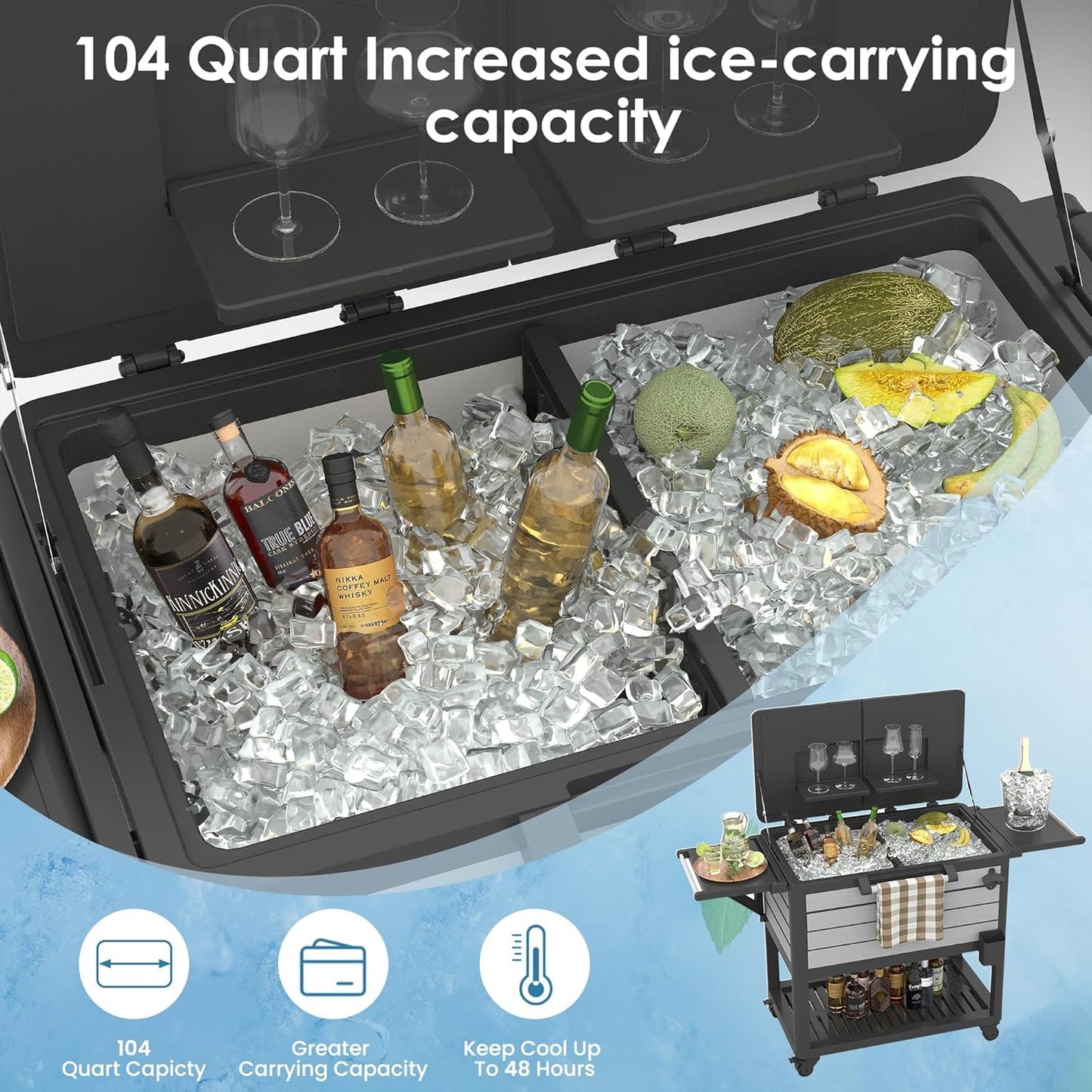 Patio Cooler with Wheels, 104 Qt Portable Rolling Ice Chest, Outdoor Beverage Bar Cart with Handles for Pool, Deck, BBQ, Cookouts Party-Grey