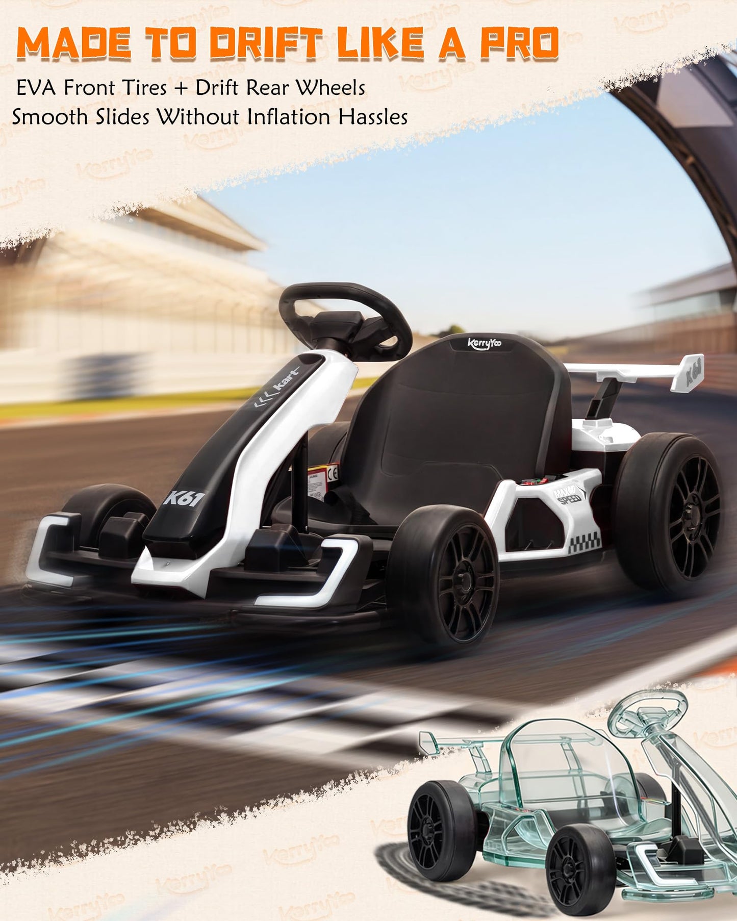 KerryYoo K61 Go Kart Electric Drift Kart with Length Adjustable Seat, 24V Outdoor Ride on Toy with 4 Speed Mode, Crazy Kart for Kids 6-12 Years Old, Fast 300W Motor, 8.5 MPH, Bluetooth - White