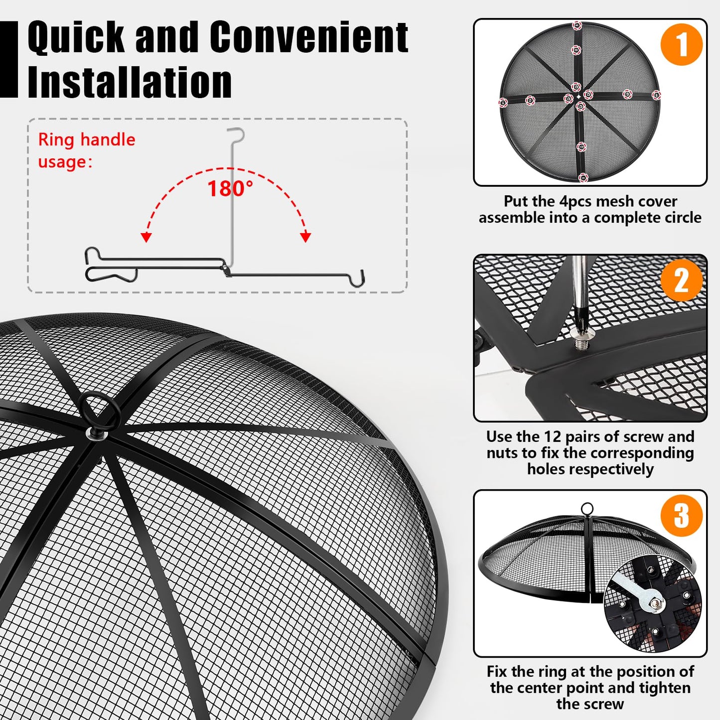 Fire Pit Spark Screen, Fire Pit Screen 36 Inch Round with Handle & Poker, Collapsible Heavy Duty Mesh Fire Pit Cover Fire Pit Lid for Outdoor/Patio/Backyard/RV Camping/Beach