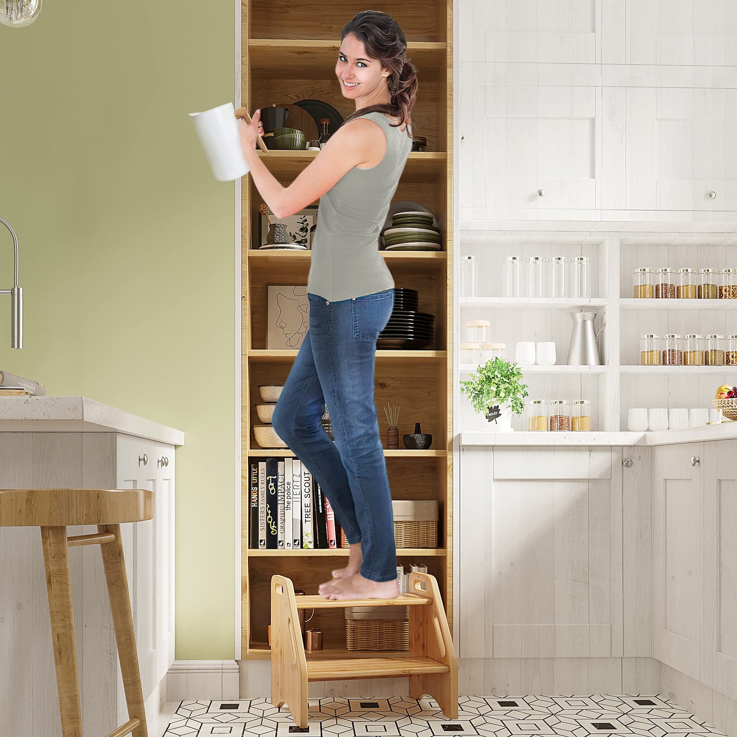 AMBIRD Wooden Step Stool, Two Step Stools Toddler 300 lbs Capacity with Safety Non-Slip Pads and Handles, Bamboo Step Stool for Bathroom, Kitchen Dual Height Step Stools for Kids (Natural)