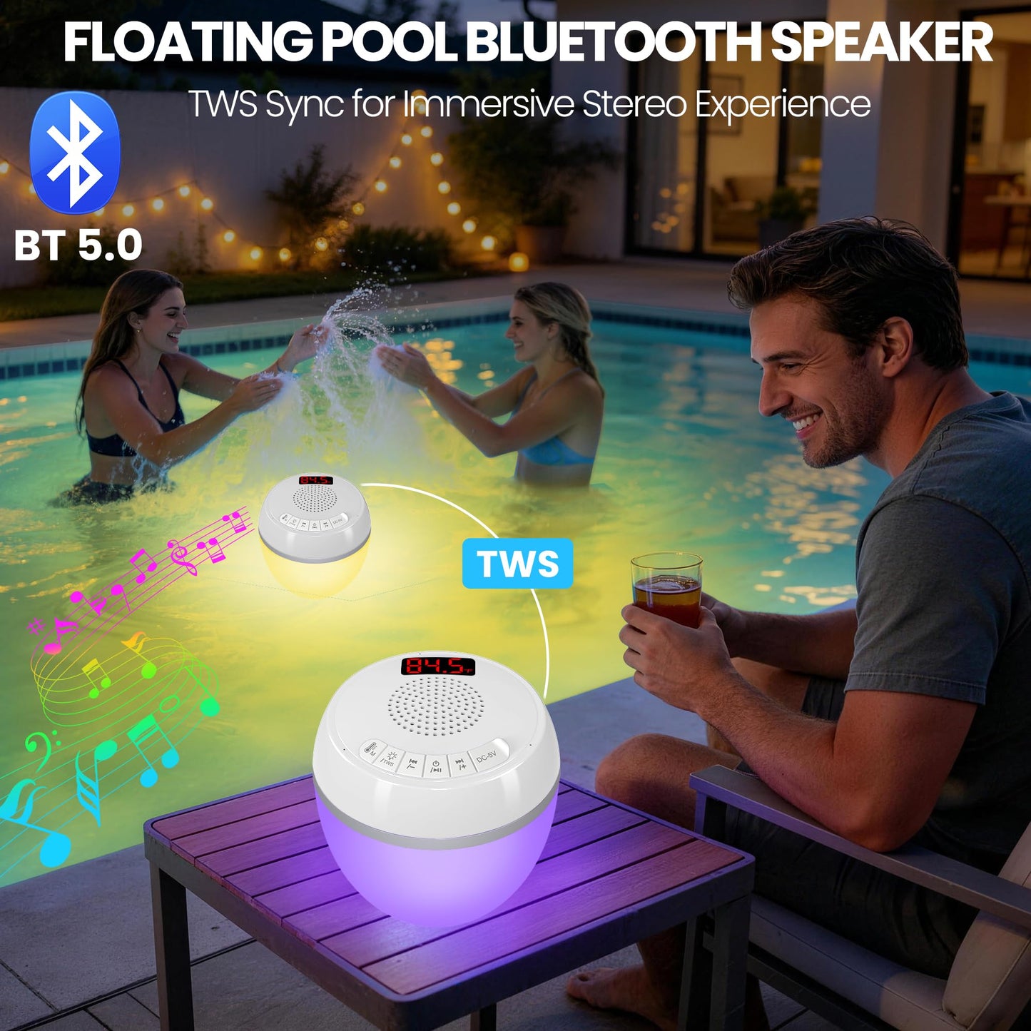 AearKing 3in1 Floating Pool Speaker with Digital Pool Thermometer,Bluetooth Pool-Speaker with Colorful Lights,TWS Hot Tub Speaker Waterproof IP68 Pools-Speaker,BT5.0 Bluetooth Speaker for Pools-White