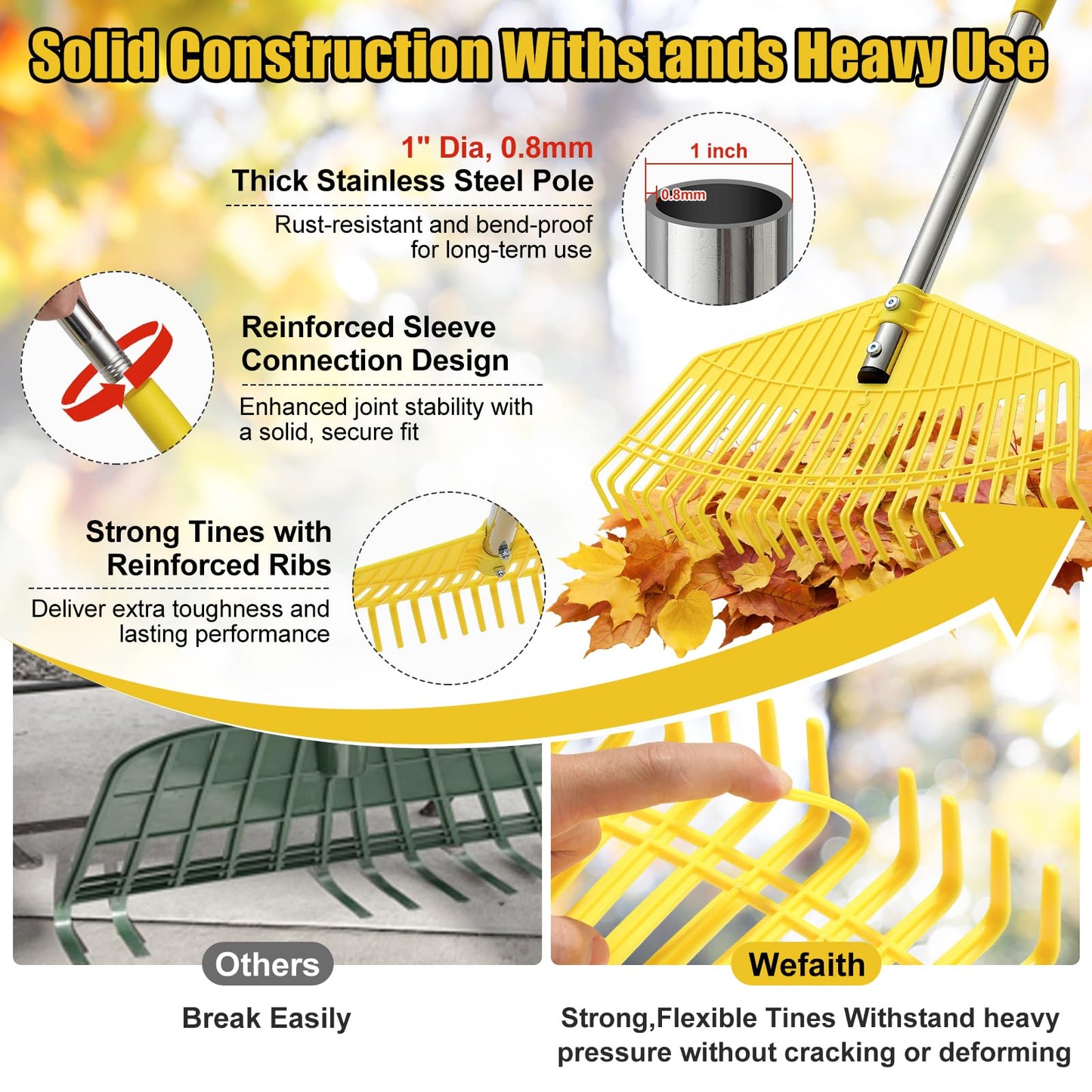 Plastic Leaf Rake for Lawns - Lightweight & Anti-Break Nylon Head, 16.5'' Wide Yard & Garden Rake for Leaves, Grass, Pine Needles, Adjustable Long Handle Easy Use for Women,Seniors,Kids