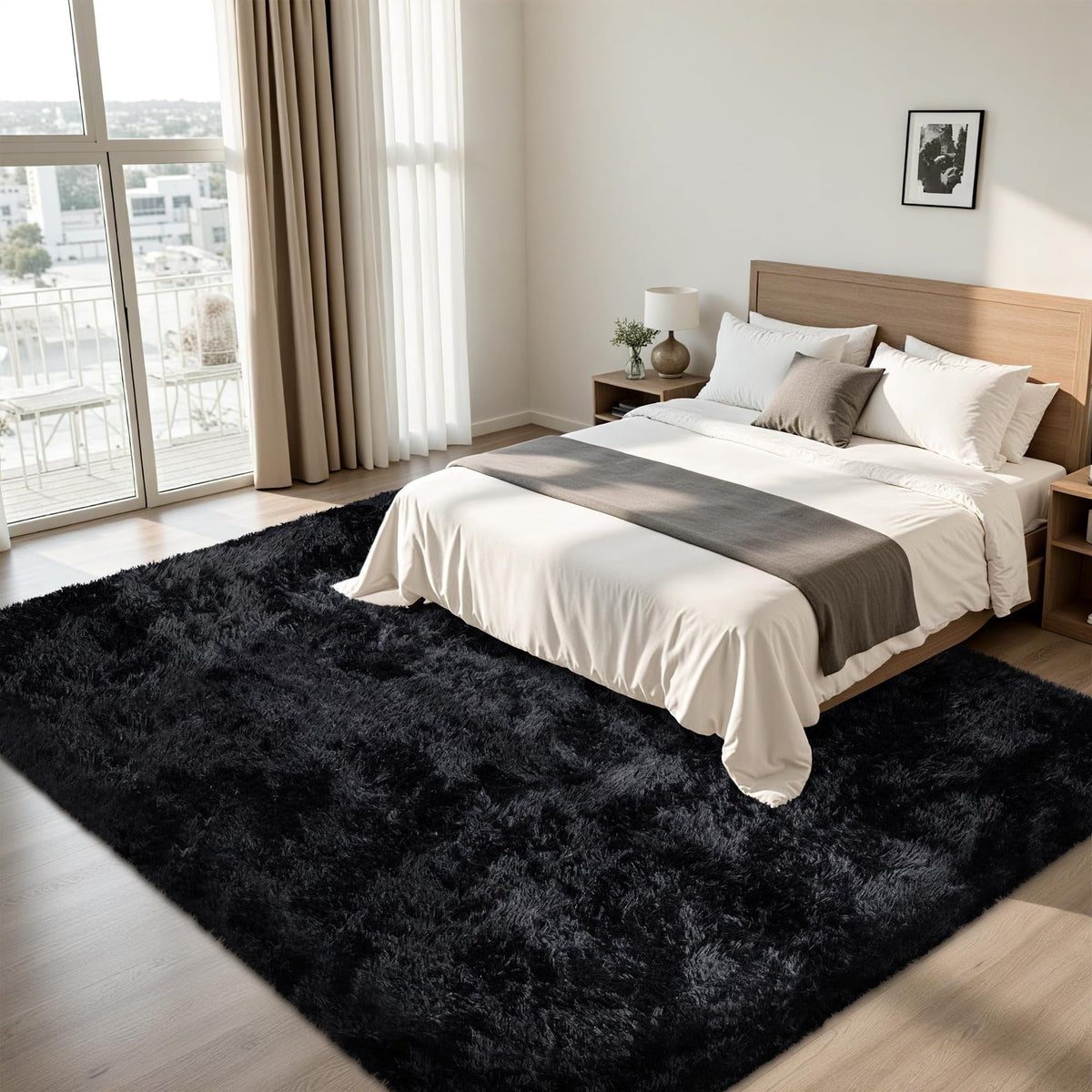 Xafir 8x10 Area Rug for Living Room,Black Fluffy Shag Non-Slip Bedroom Rugs
