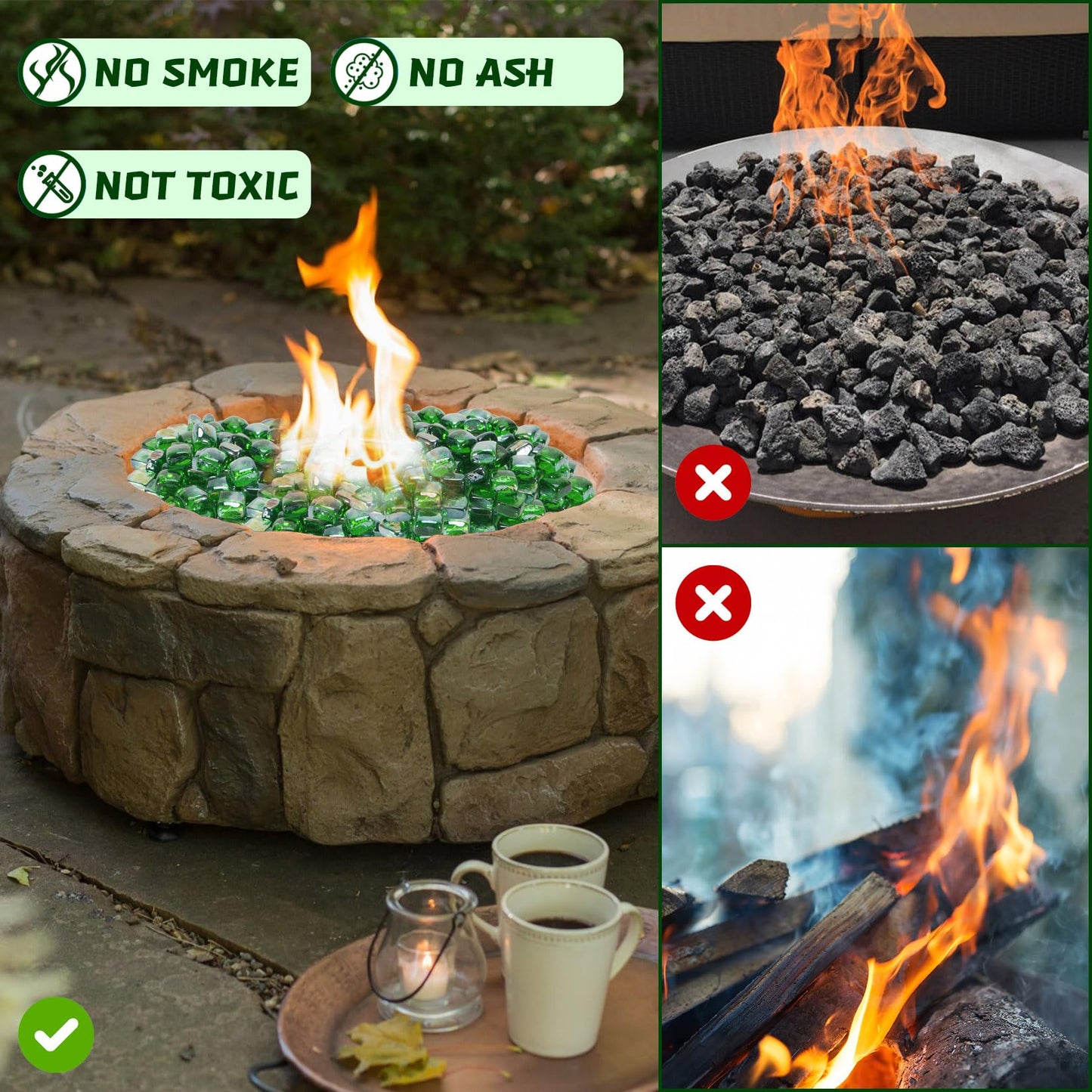vchin Fire Pit Glass Rocks Square, Fire Glass Cubes, Tempered Beads for Fireplace, Firepit Table Indoor or Outdoor, Replacing Traditional Burning Wood 20 pounds, Green Reflective