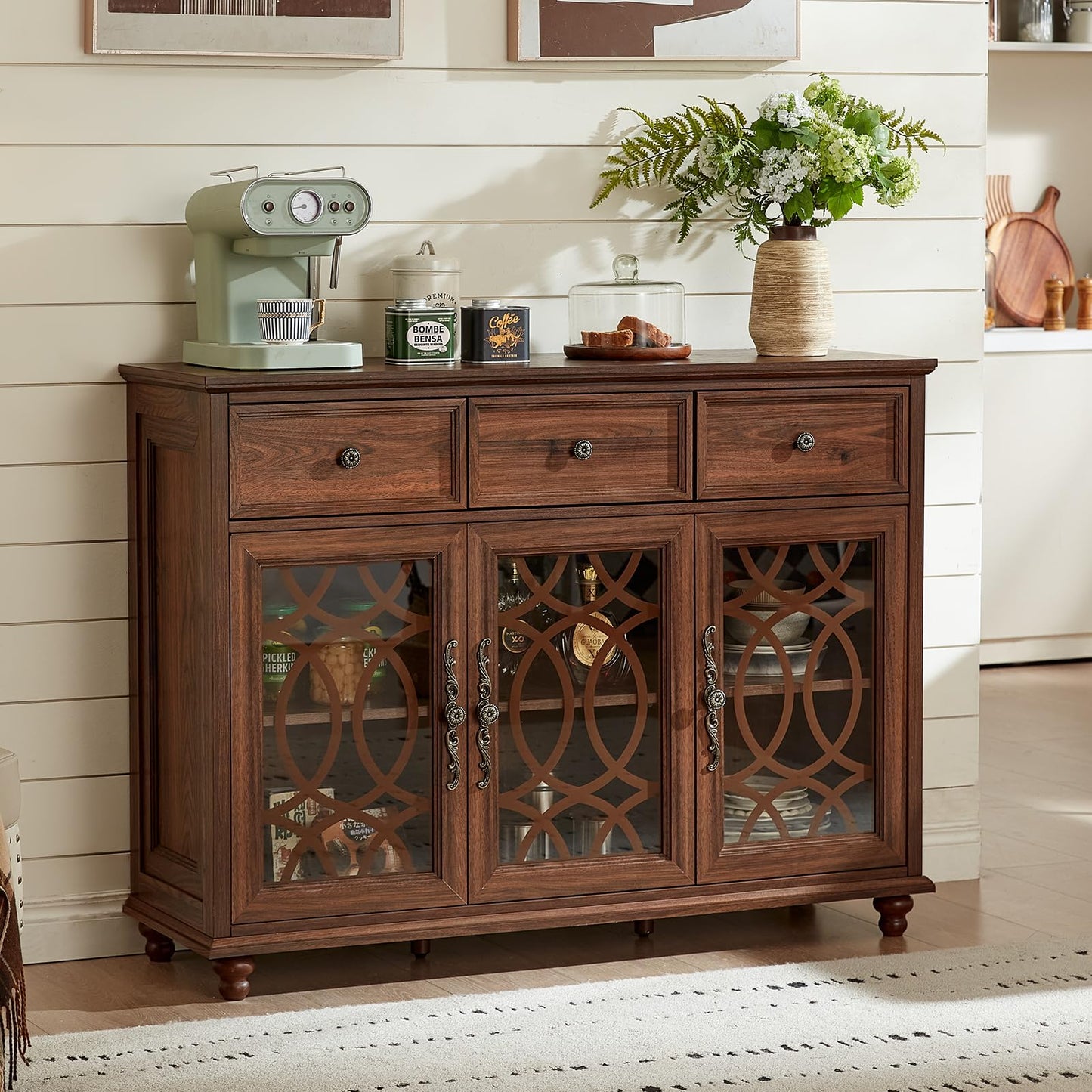 Joaxswe Farmhouse Sideboard Buffet Cabinet with Storage,48" Large Credenza with 3 Glass Doors & 3 Drawers,Adjustable Shelves Console Table,Wood Kitchen Coffee Bar for Dining Room,Living Room,Brown