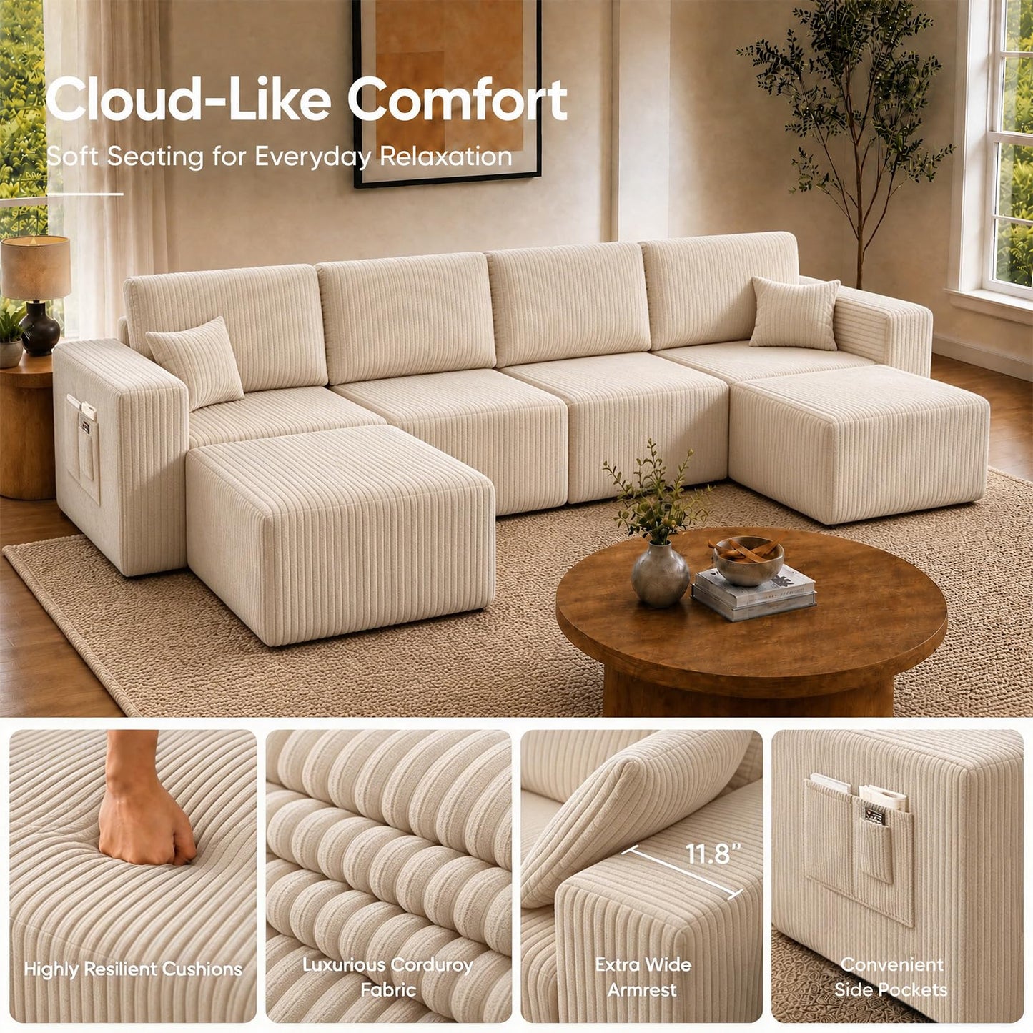 130'' Modular Sectional Couches for Living Room, Deep Seat Corduroy Convertible L Shaped Sofa with 2 Ottomans, Removable Cover, Side Storage Pockets & Adjustable Back Pillows, Beige