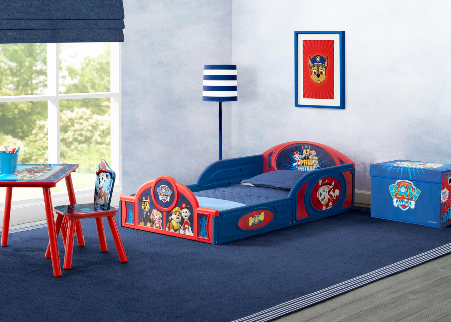 Delta Children - PAW Patrol 4-Piece Toddler Room-in-a-Box Set – Includes Sleep and Play Toddler Bed, Table, 1 Chair and Toy Box, Blue