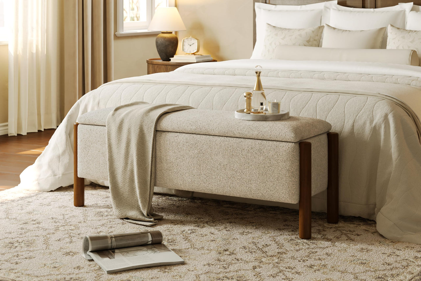 Quenvo Modern Storage Benches with Walnut Wood Legs, 47'' Ottoman Bench with 20 Gallons Storage Space for Bedroom End of Bed, Fabric Upholstered Entryway Bench with Seating for Livingroom, Beige