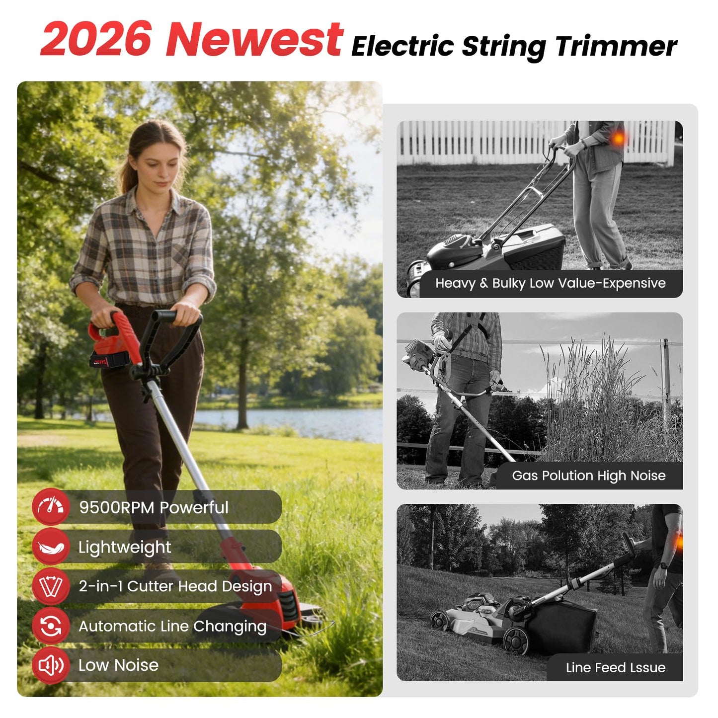 21V Weed Wacker Cordless String Trimmer with 2x4.0Ah Batteries & Fast Charger, 12" Automatic Feed Grass Trimmer, 2-in-1 Electric Weed Eater for Garden Edge Lawn Tool
