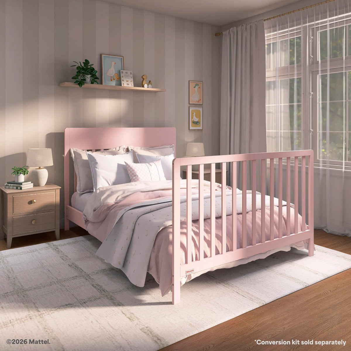Fisher-Price Meadowbrook 4-in-1 Convertible Full Size Baby Crib, Wooden Nursery Furniture, Converts to Toddler Bed with Guardrail, Daybed & Full-Size Bed, Greenguard Gold & BSA Certified, Pink