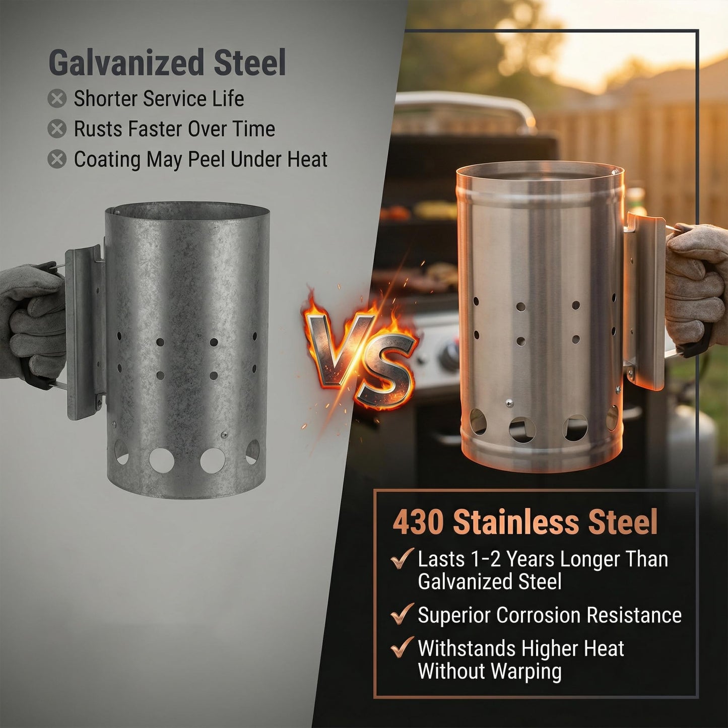 SUNLIFER Charcoal Chimney Starter, BBQ Grill Quick Rapid Fire Starter Chimney for Outdoor Barbecue Cooking Camping, Sturdy and Easy to Use, Stainless Steel（10.62" x 6.3"）