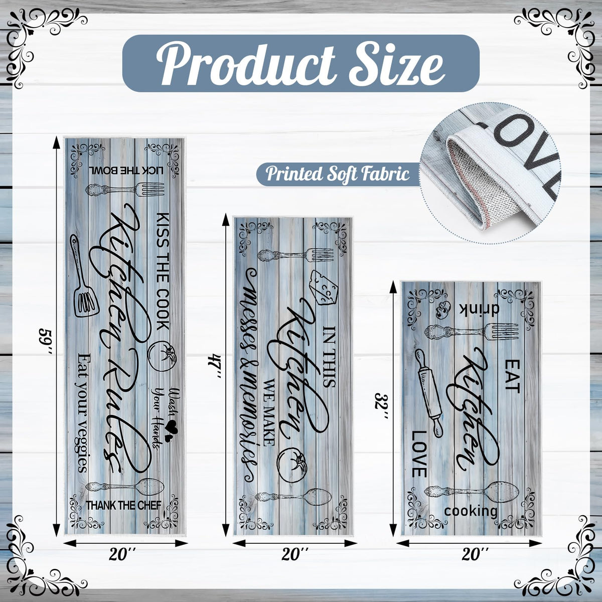 Wauprant 3 Pieces Farmhouse Kitchen Rug Sets with Quotes, Non-Slip Washable Kitchen Mats for Floor, Rustic Wood Grain Kitchen Decor Rugs for Laundry, Hallway, Kitchen (Wood Grey)