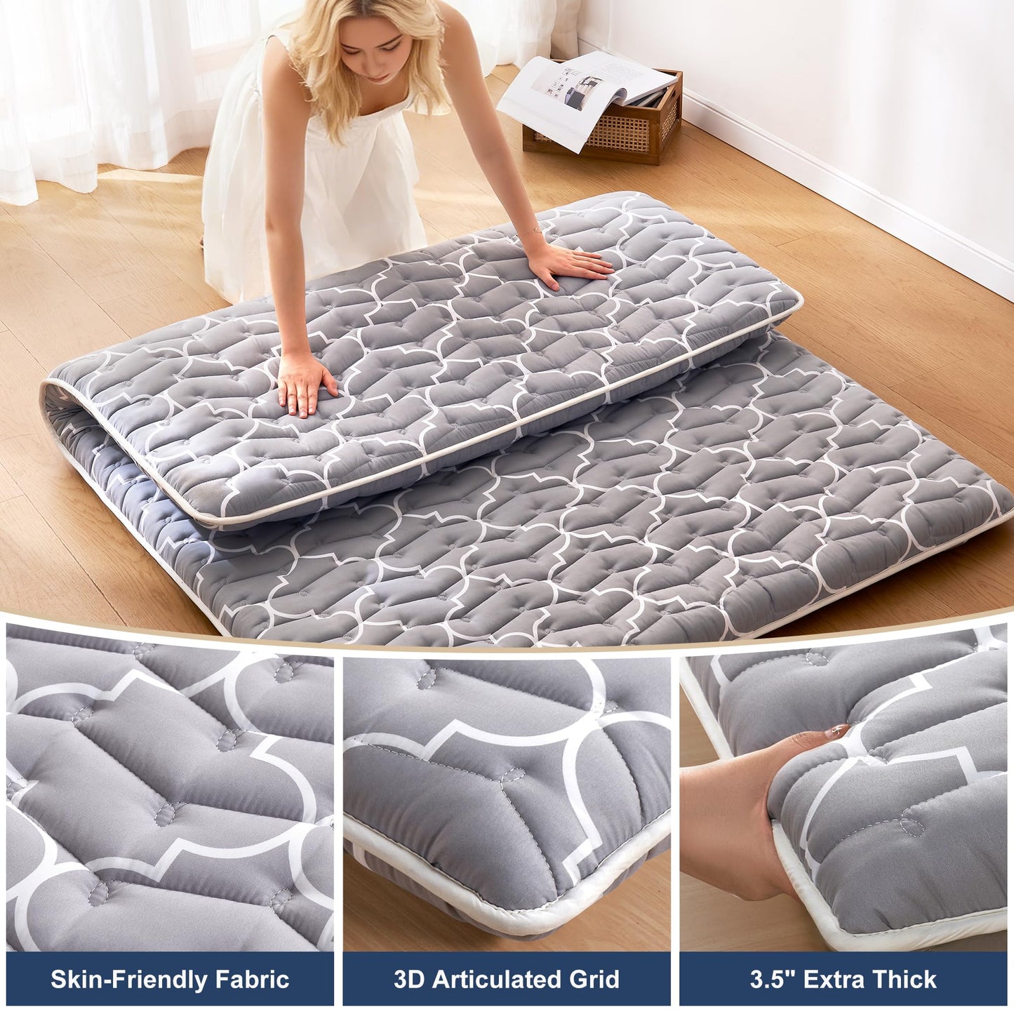 6th Generation Japanese Floor Futon Mattress - Extra-Thick 9-Layer Modern Futon with 100% High-Density Foam, Portable Floor Mattress Sleeping Pad for Adults, Guest Room, Dormitory, Twin Size (39"X80")
