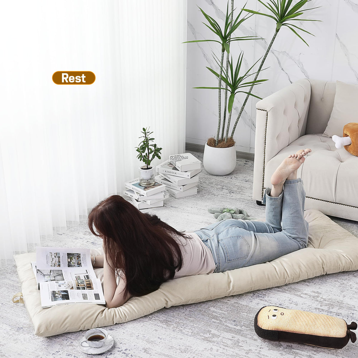 BALAPET Floor Lounger Pillow,Foldable Light Thick Tufted Floor Pillow Cushion with Elasticized Webbing for Easy Storage Floor Lounger for Meditation, Playing, Yoga, Reading, Sleeping(Beige White)