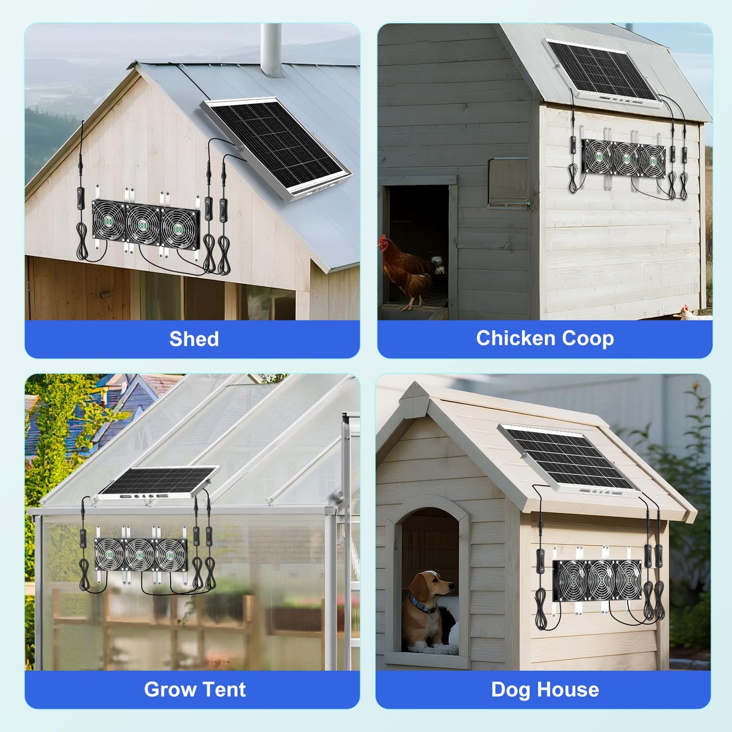 ZIZIWIN Solar Chicken Coop Fan 3 Kit, 25W Solar Powered Greenhouse Fan Outdoor Waterproof, Solar Exhaust & Intake Fans, Strong Airflow for Shed Dog House Circulation Ventilation Cooling, No Battery
