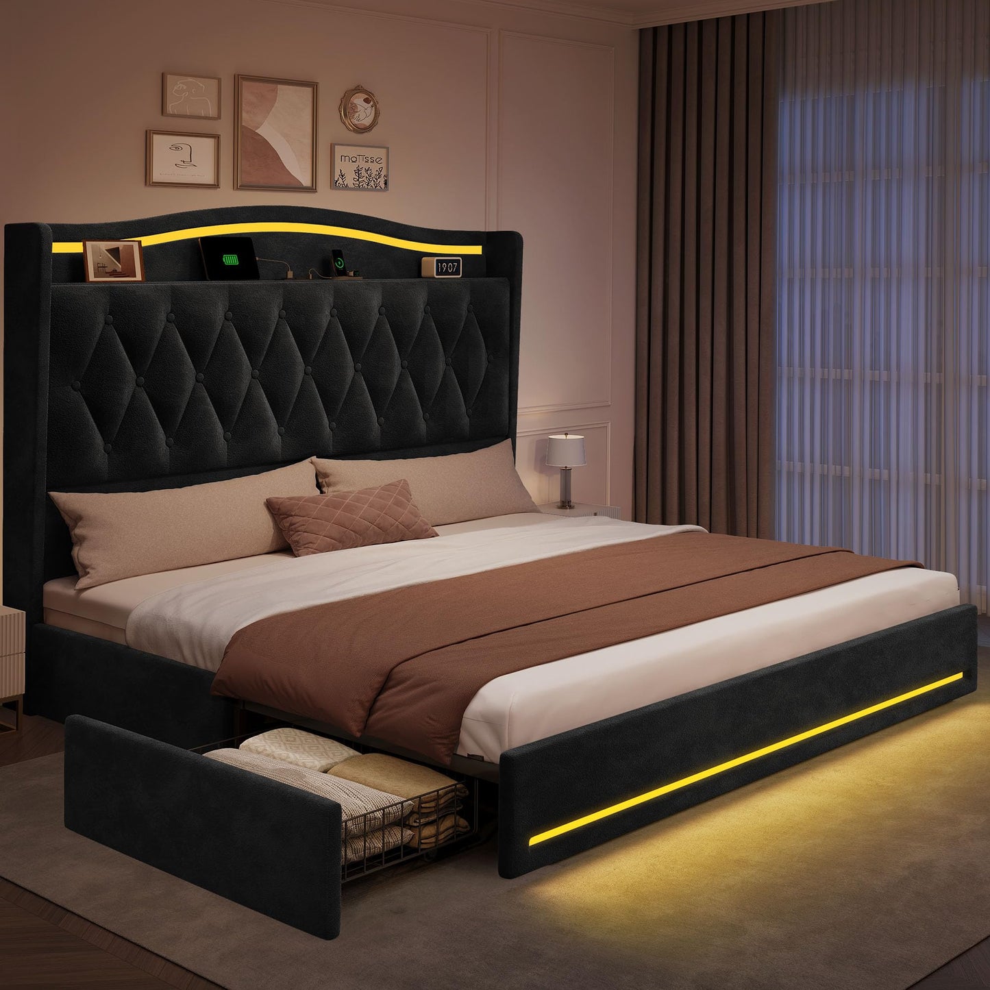 YITAHOME King Size Bed Frame with 4 Storage Drawers and RGB LED Lights
