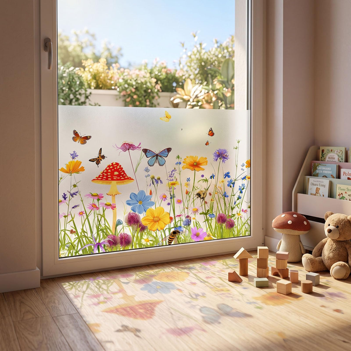 Static Cling Privacy Window Film, 78" x 17" Frosted Glass Covering with Wildflower & Botanical Patterns, Removable No Glue Window Film for Home Bathroom Bedroom Office (Wildflower 5)