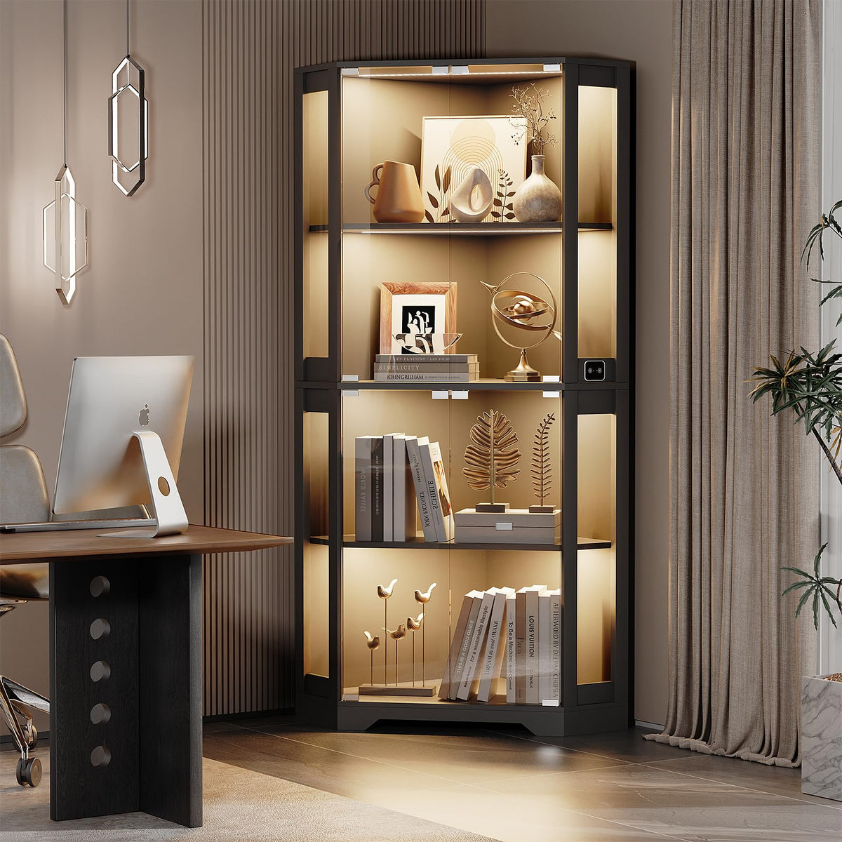 BROTTAR 65" Corner Display Cabinet with Glass Doors for Collectibles, Black