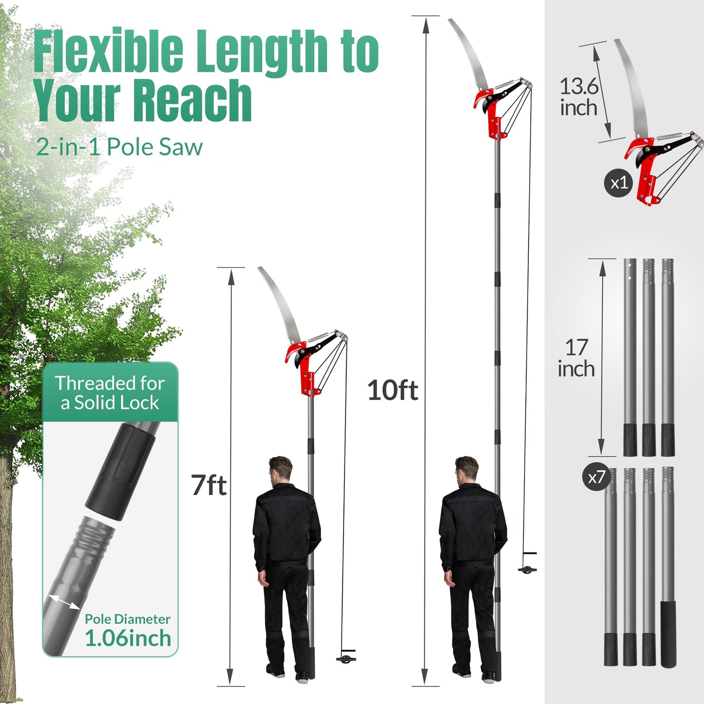 Suchtale Pole Saw 10FT, 2-in-1 Tree Pruner with Saw & Pruning Scissors, Quadruple Pulley Pole Trimmer for High Branch Cutting, Palm Tree, Fruit Tree & Shrub Pruning, Yard Garden Tree Care