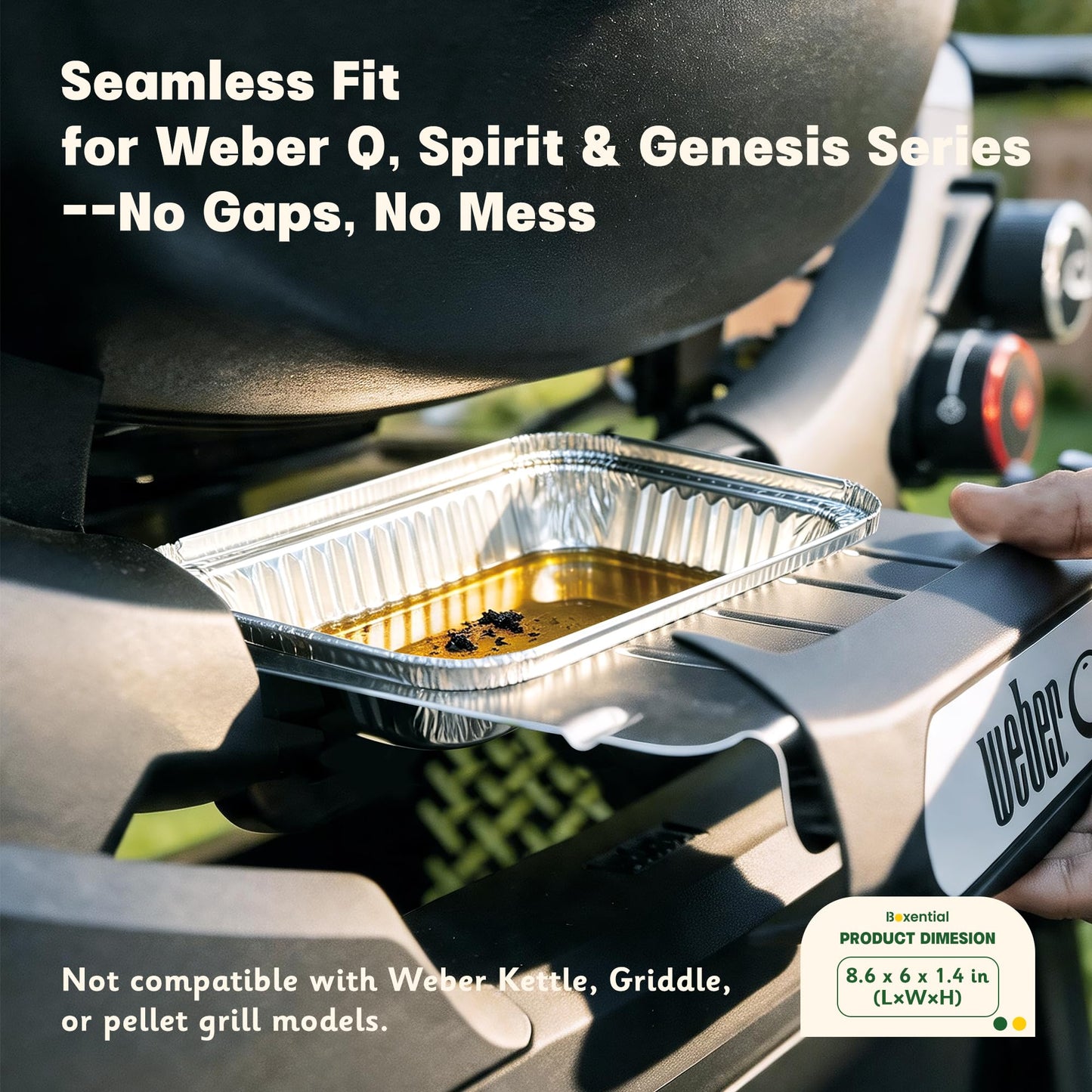 Boxential 25 Pack 8.6" x 6" Grill Drip Pans Compatible with Weber Q, Spirit & Genesis Series – Aluminum Grease Tray Liners for Weber Grill Drip Tray, Grease Catcher Replacement, Disposable Foil Pans