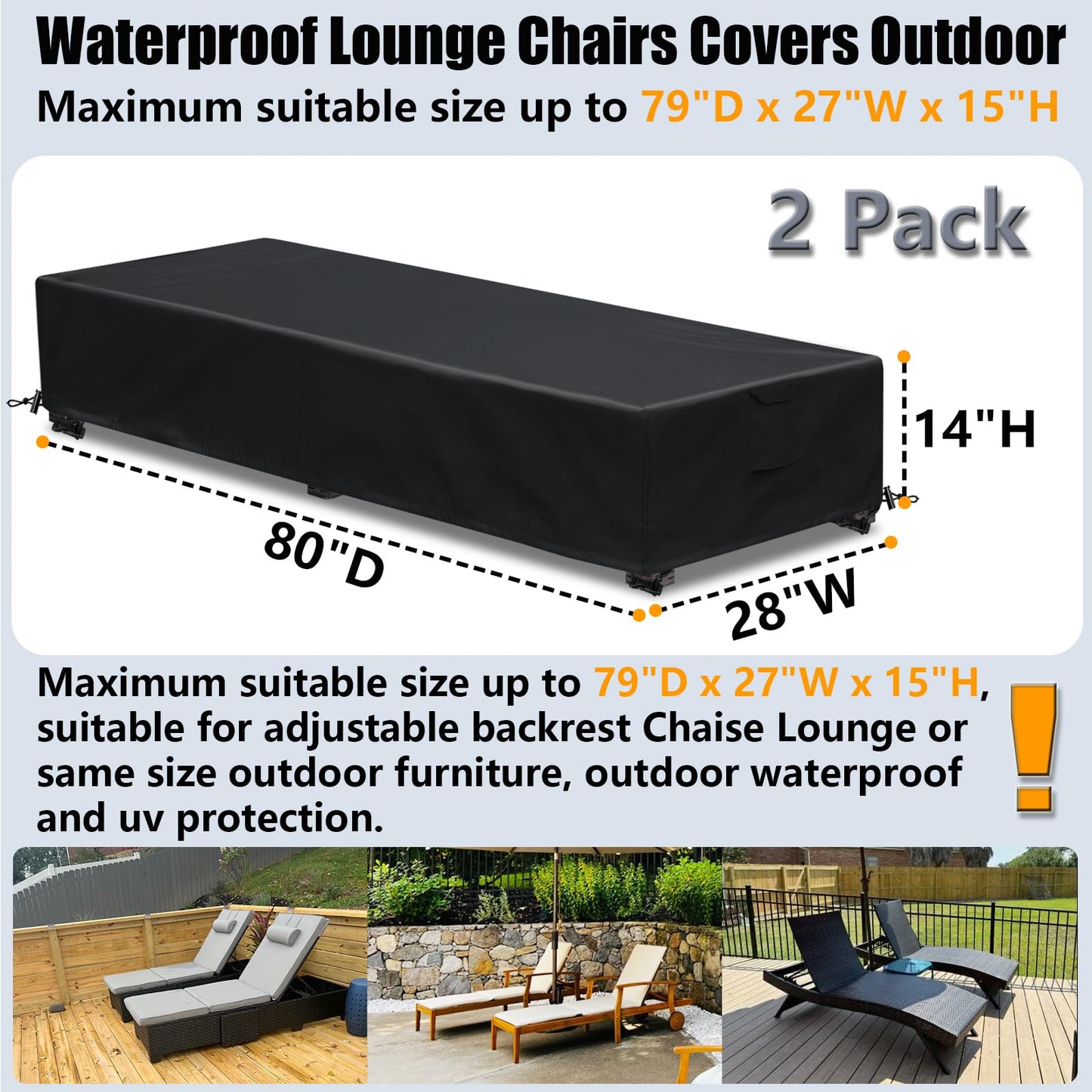 GoldenRaindrop Waterproof Patio Lounge Chair Cover 2 Pack Outdoor Chaise Lounge Covers 600D Weather Resistant Material, UV Protection, Windproof Design Outside Furniture Covers 80" x 28" x 14" H,Black