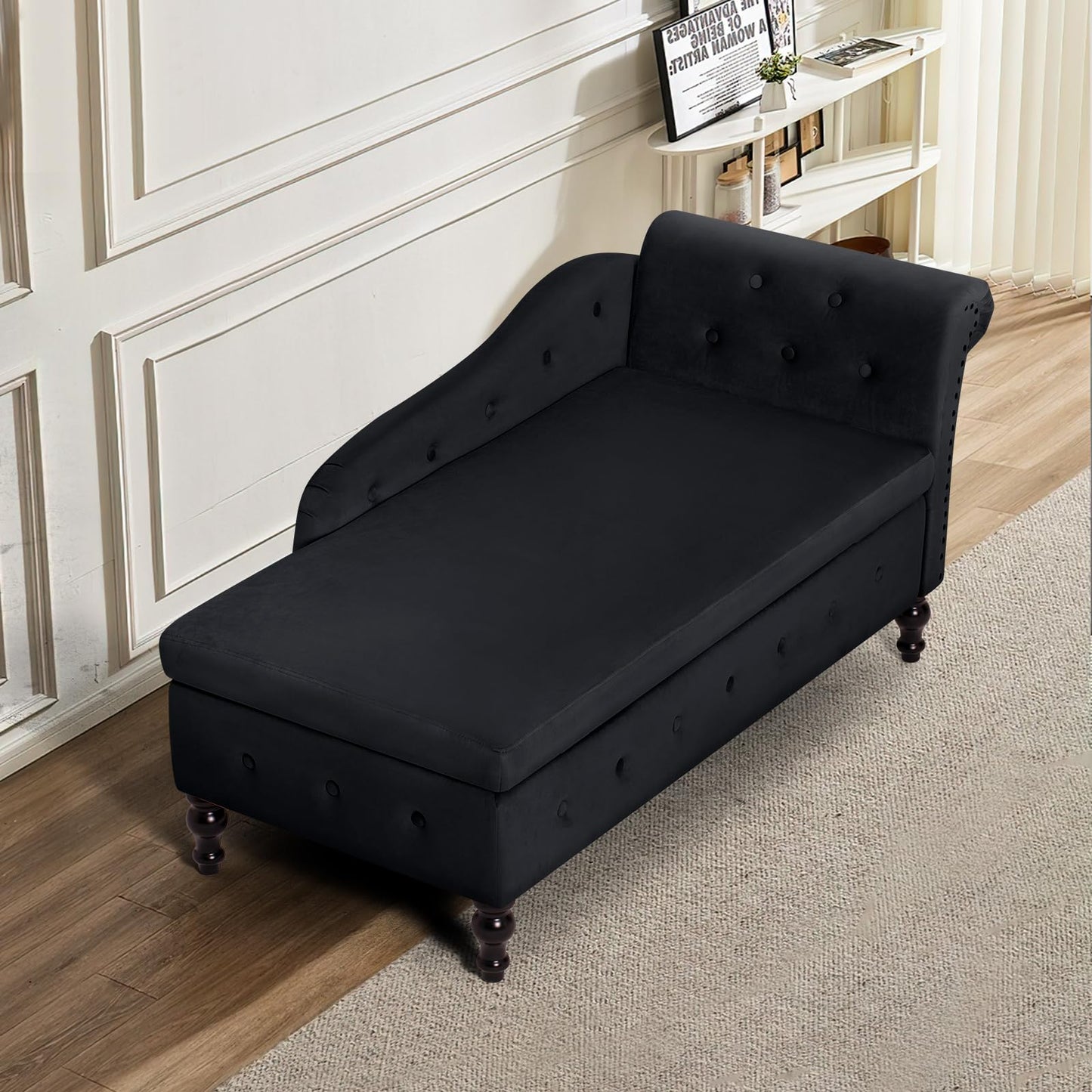 ACMEASE Chaise Lounge with Right Armrest & Lumbar Pillow,Button Tufted Lounge Sofa with Storage,Lounge Chair Indoor,Modern Upholstered Velvet Lounge Chair for Bedroom, Living Room and Office,Black