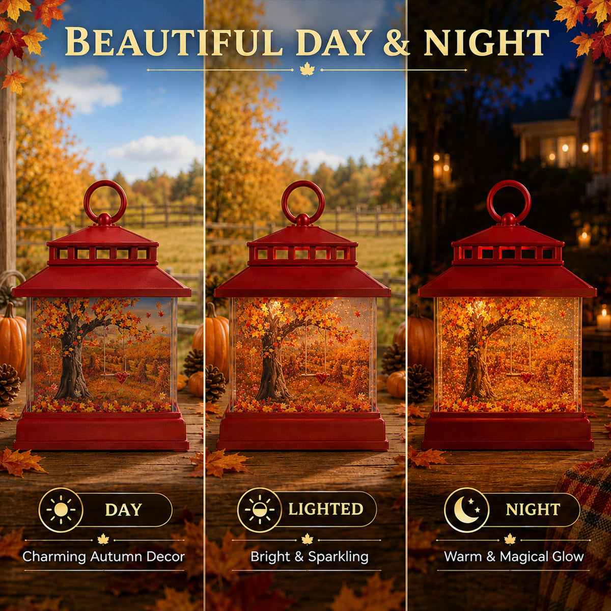 Fall Snow Globe Lantern, Musical Glitter, 6 Hour Timer, Autumn Home Decor