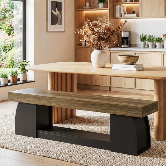 Tribesigns 63 Inch Dining Bench, Farmhouse Long Kitchen Table Bench with Sturdy Frame, Wooden Indoor Kitchen Dining Seat for Dining Room, Living Room, Restaurant, Brown & Black