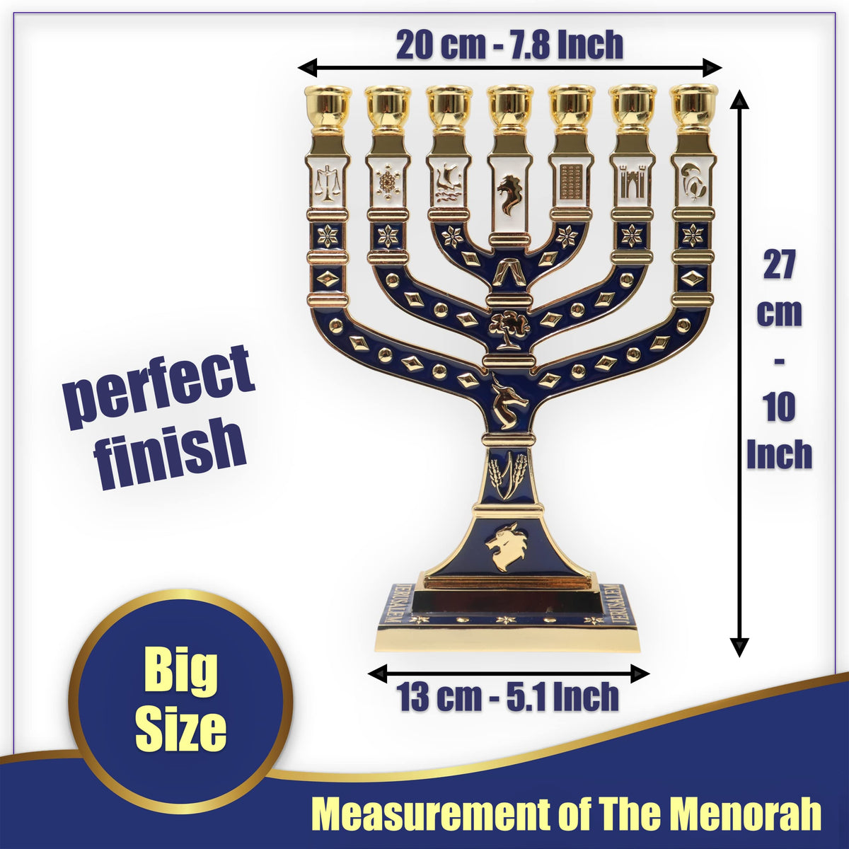 Ateret Judaica 7 Branch Temple Menorah, Blue Enamel Jerusalem Design with 12 Tribes of Israel, Biblical Seven Candle Holder (10.8 inch)