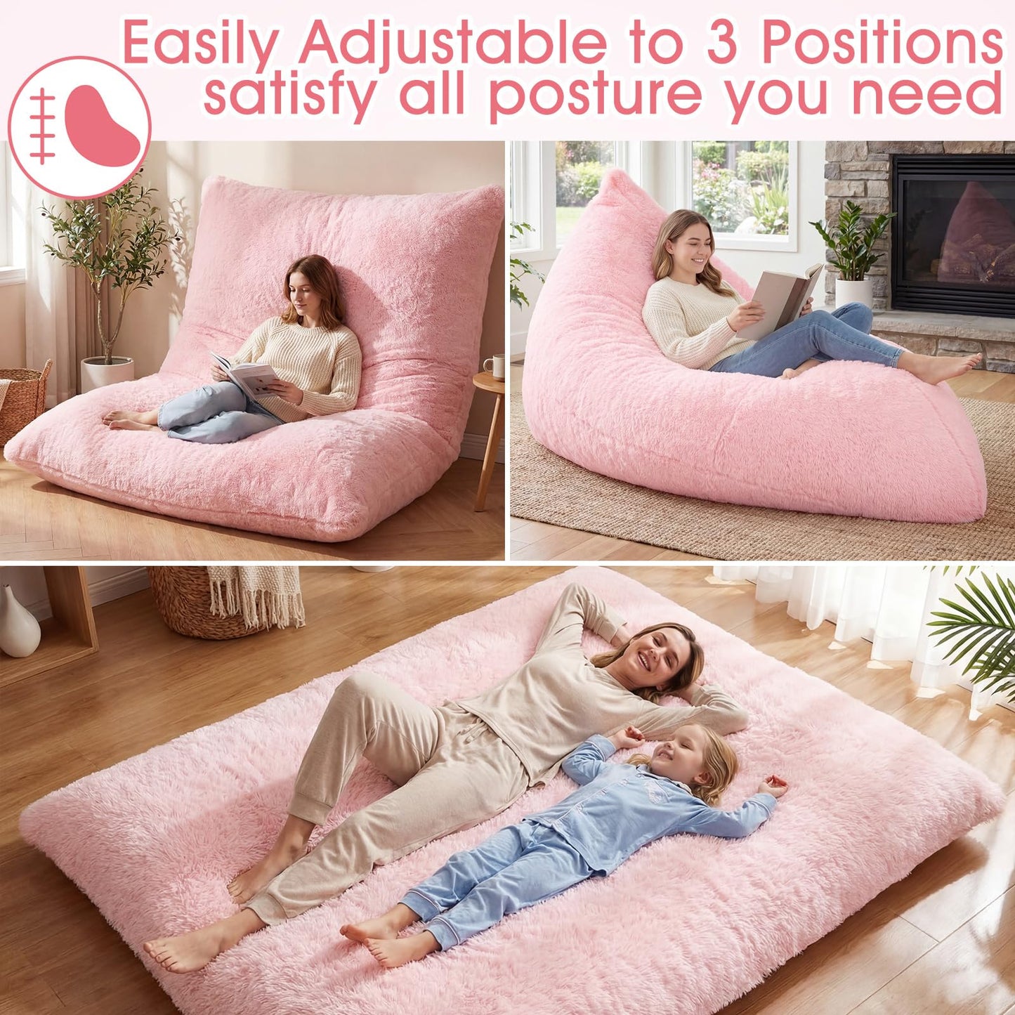 Cinnvoice Big Pink Bean Bag Chair Cover Only (No Filler) Extra Large Convertible Bean Bag Lazy Floor Cushion Sofa Cover Faux Fur Washable Stuffed Animal Storage for Adults Bedroom Living Room