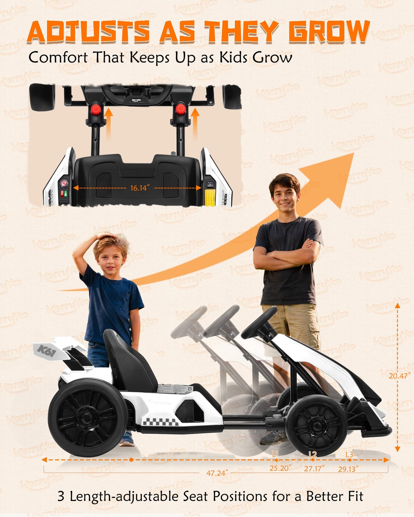 KerryYoo K61 Go Kart Electric Drift Kart with Length Adjustable Seat, 24V Outdoor Ride on Toy with 4 Speed Mode, Crazy Kart for Kids 6-12 Years Old, Fast 300W Motor, 8.5 MPH, Bluetooth - White
