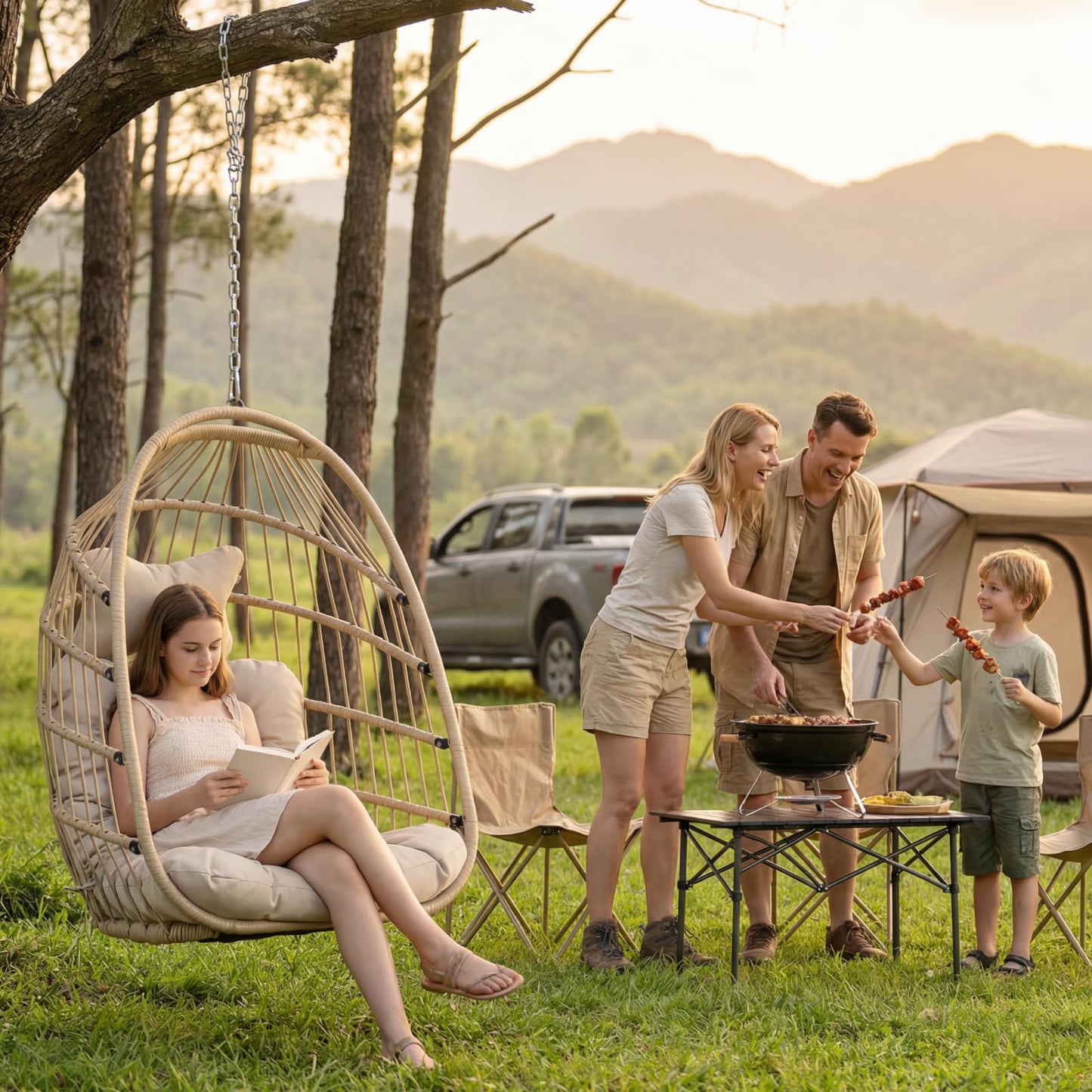Nicesoul Outdoor Hanging Egg Chair Without Stand, Patio Wicker Swing Egg Basket Chairs with Padded Cushion, 350 Lbs Comfy Cozy Ceiling Tree Swinging Egg-Shaped Chair No Stand for Indoor Balcony, Beige