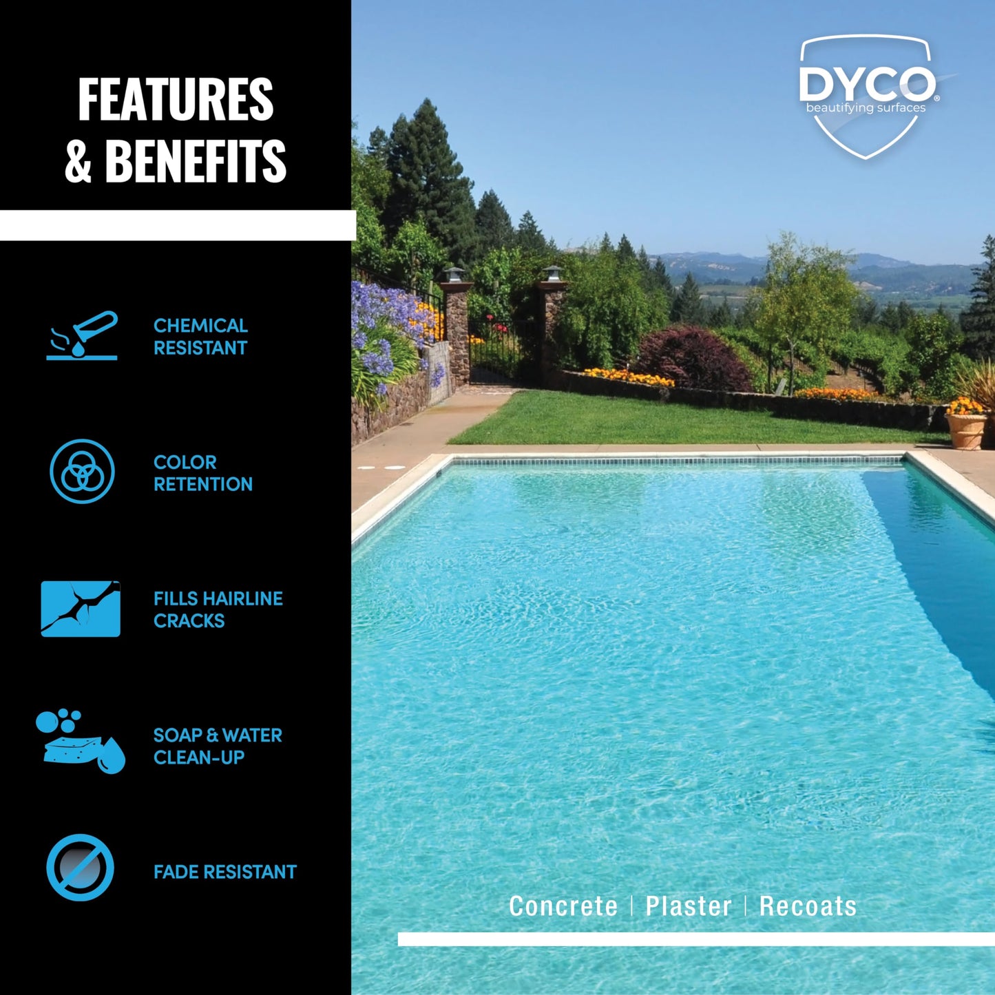 Dyco Waterborne Acrylic Pool Paint, Resistant to UV, Water, Salt, Chemicals, Fading, Cracking & More, Seals Hairline Cracks (Ocean Blue, 5 Gallon)