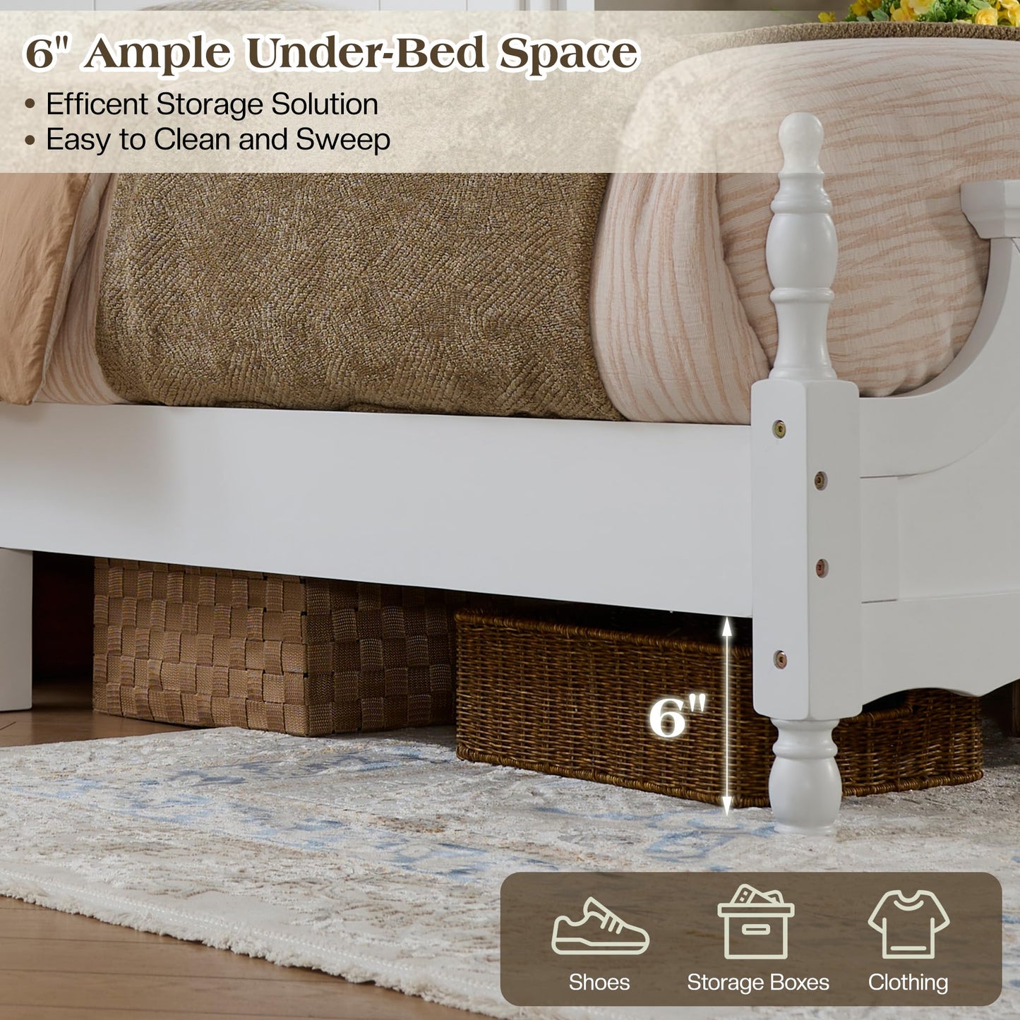 LUXOAK California King Solid Wood Poster Bed, 55" Arched Headboard, White