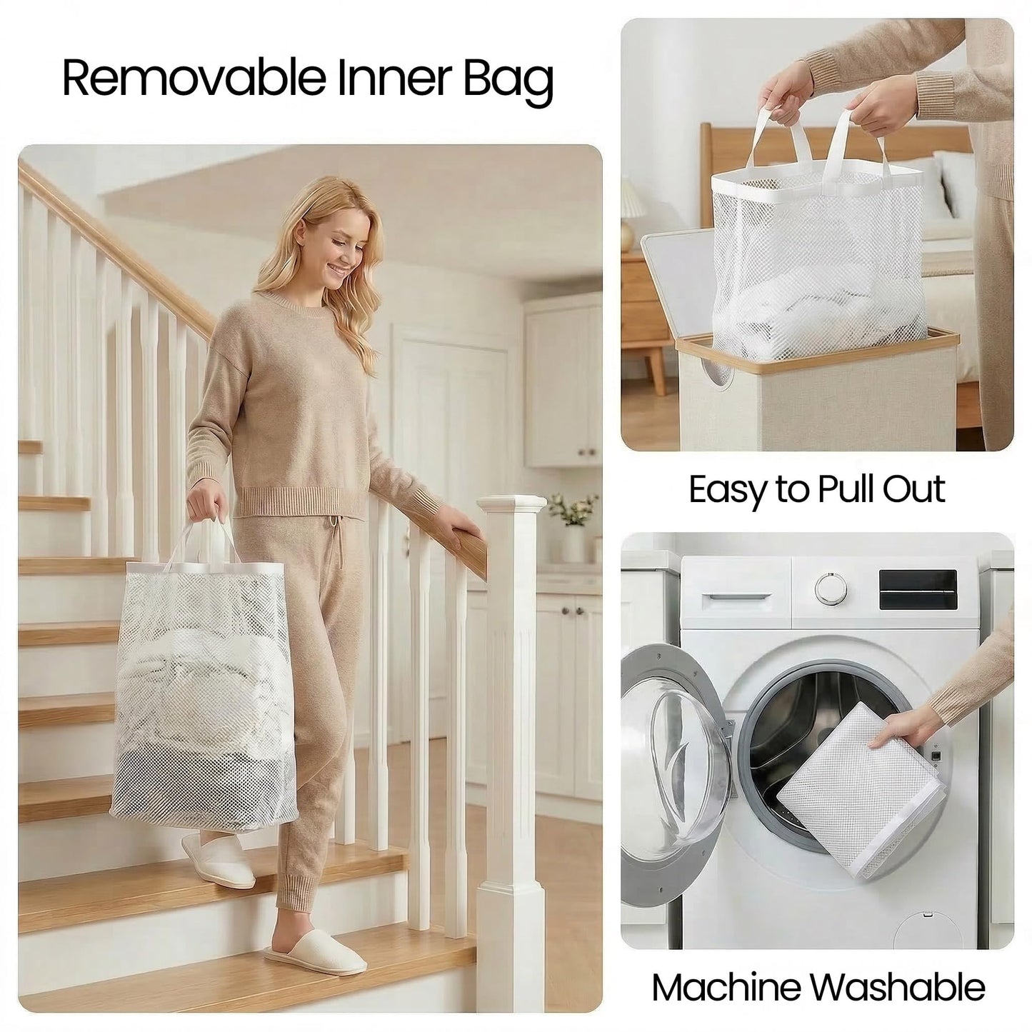 efluky Slim Laundry Basket with Lid, Narrow Laundry Hamper with Removable Bag, Skinny Dirty Clothes Basket with Bamboo Handles for Bathroom, Bedroom & Laundry Room, 75L Beige