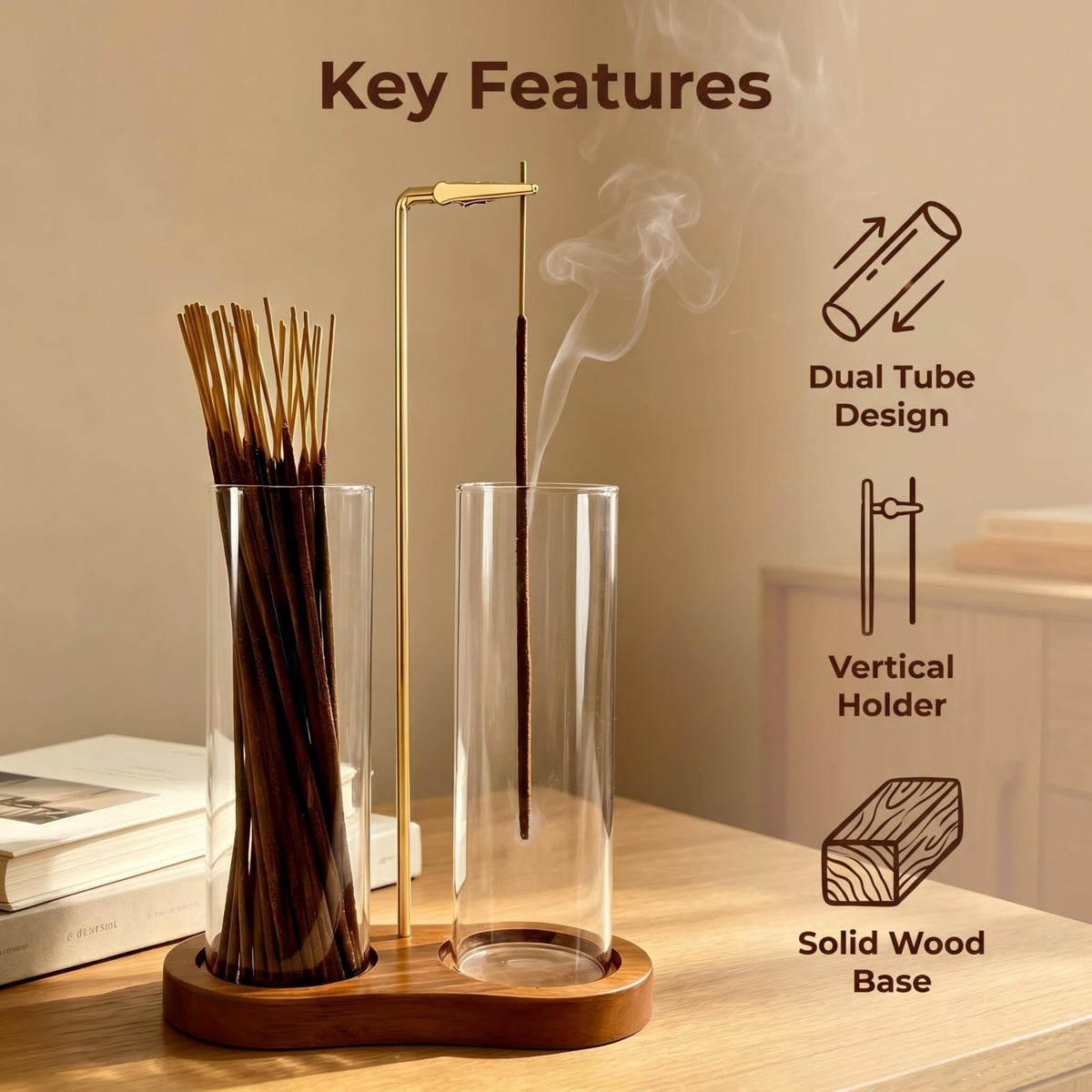 Moocervi Incense Holder, Hang Upside Down Incense Sticks Burner Holder Storage with Glass Ash Catcher,Ideal Gift (Brown)