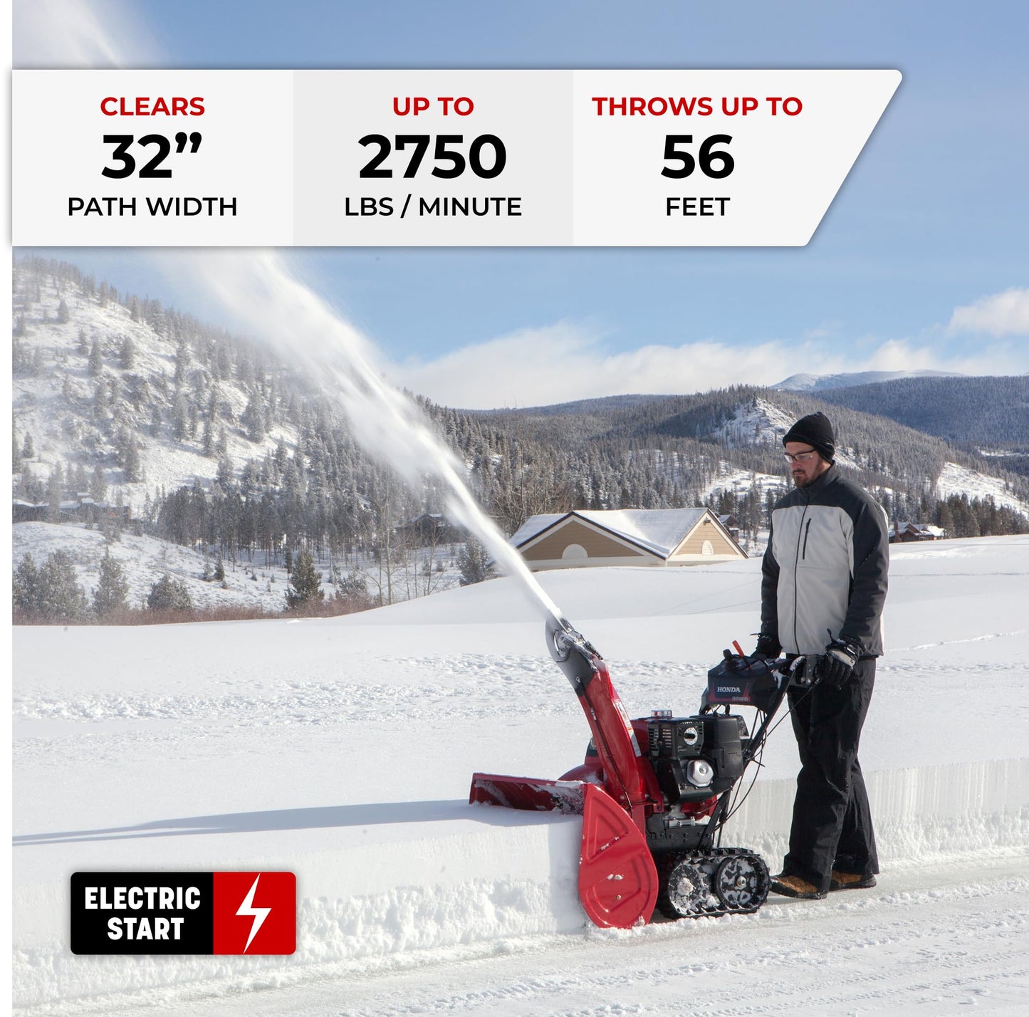 Honda HSS1332 31.9-Inch Two Stage Snow Blower with Electric Start and Track Drive, Clears Up to 2750 Pounds per Minute with 56-Foot Max Throwing Distance, Self-Propelled (HSS1332AATD)