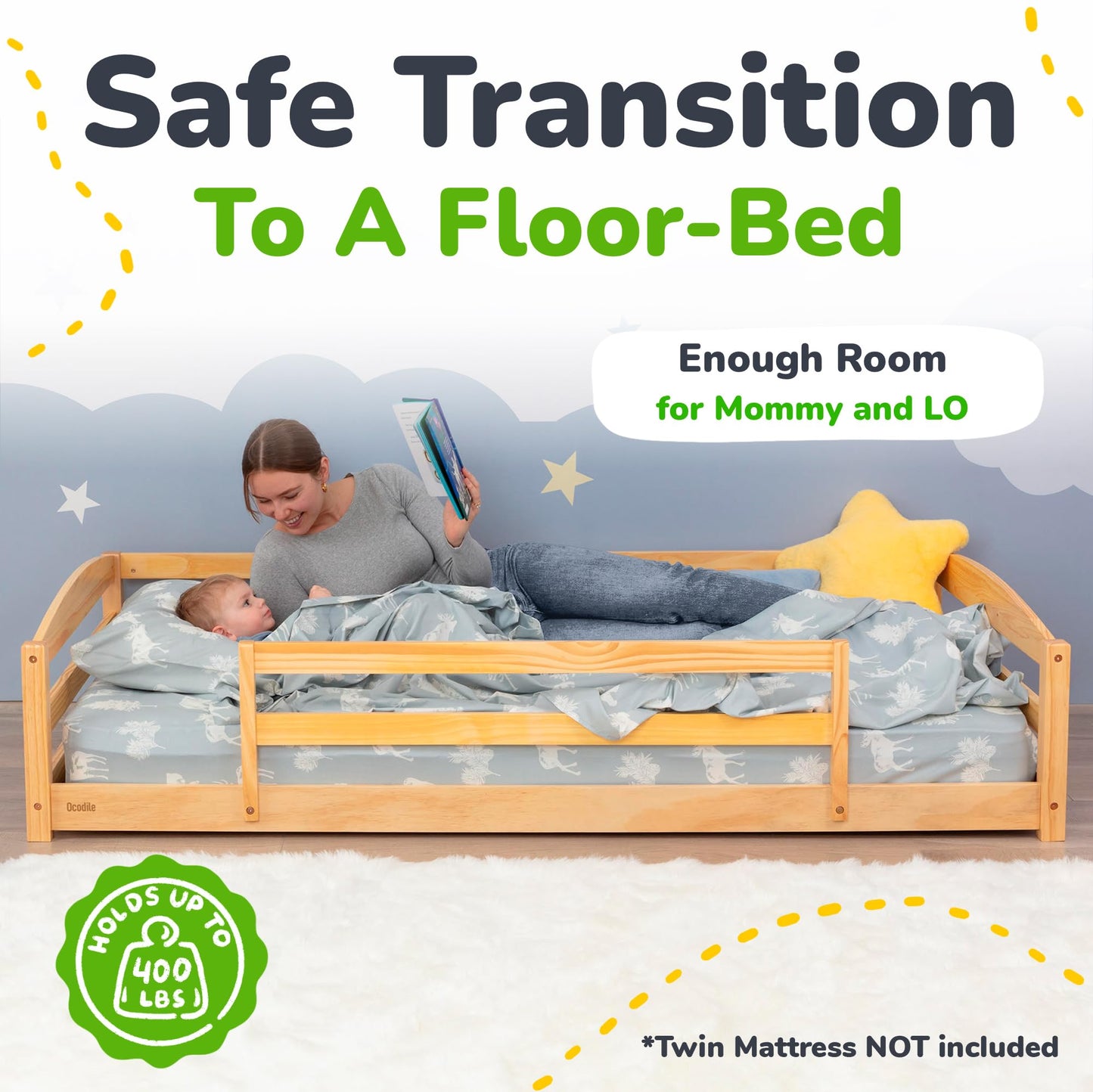 Ocodile Twin Floor Bed with Safety Guardrails for Kids, Montessori Inspired with Rails and 2 Openings, Twin Size Bed Frame for Girls and Boys - Varnished